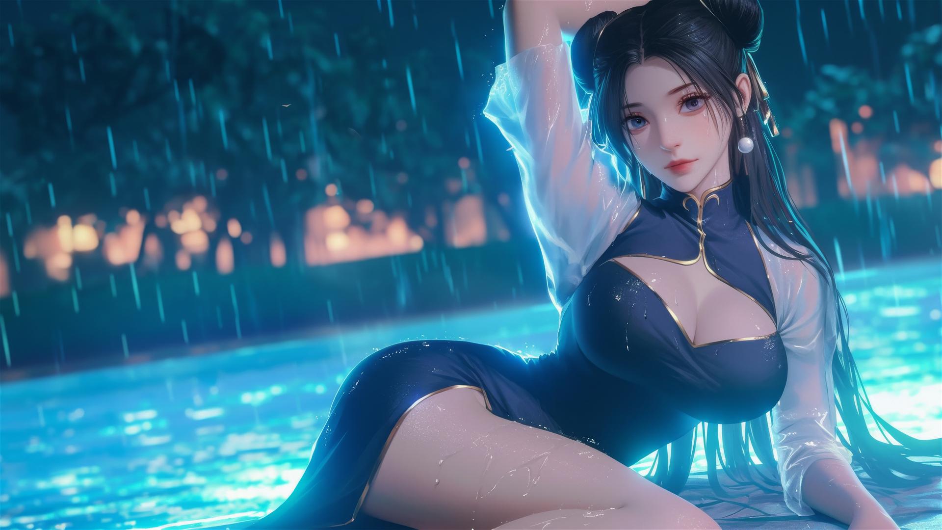 Chun Li in a black dress resting by a rainy swimming pool under moonlight.