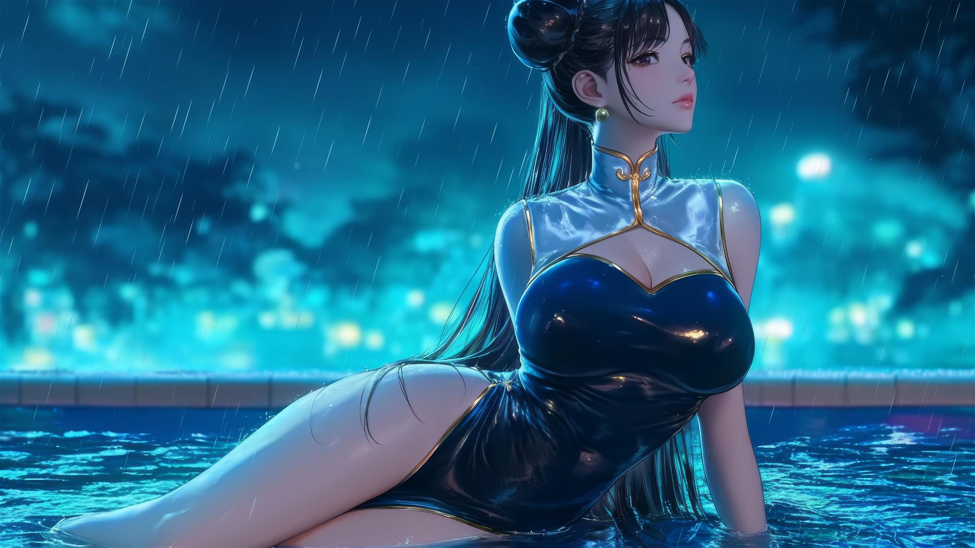 Chun Li in a black dress resting by a rainy swimming pool with moonlight