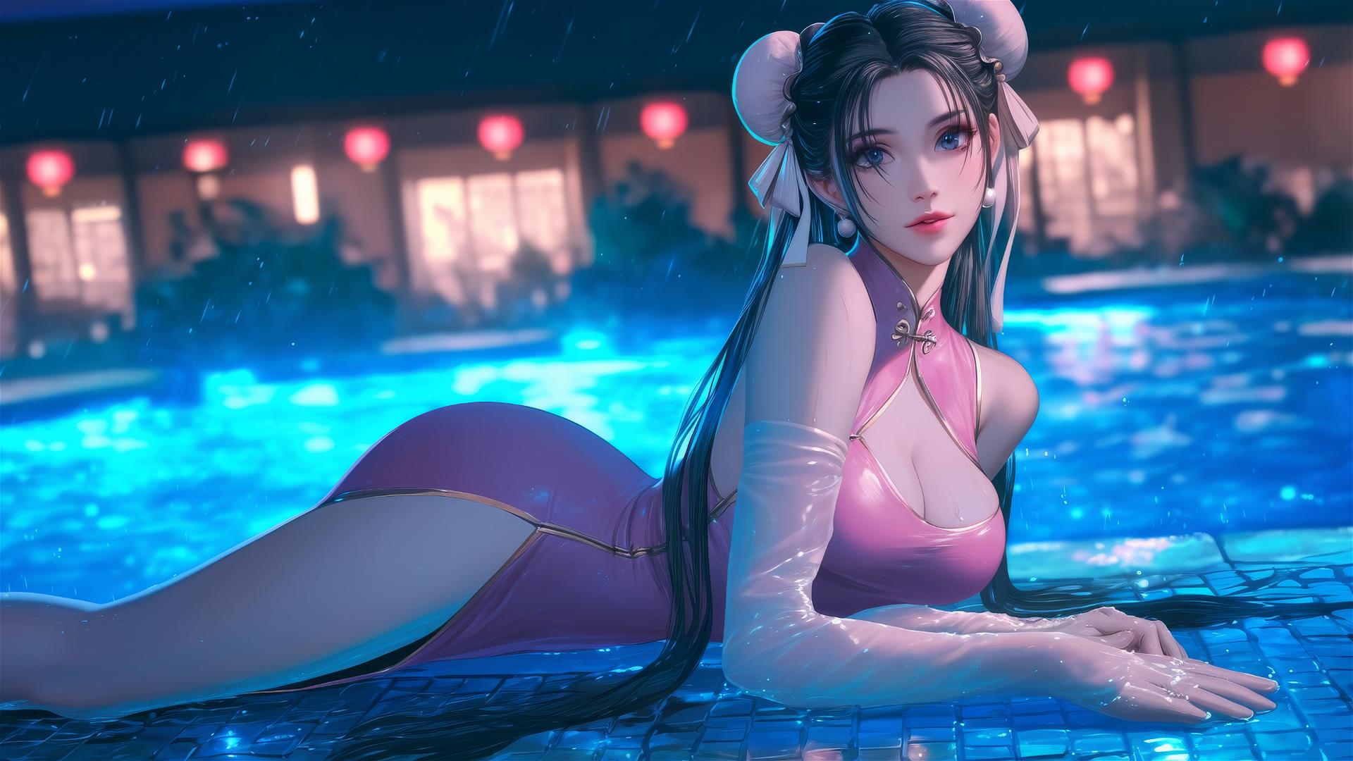 Chun Li in a pink dress resting by a rainy pool under moonlight.