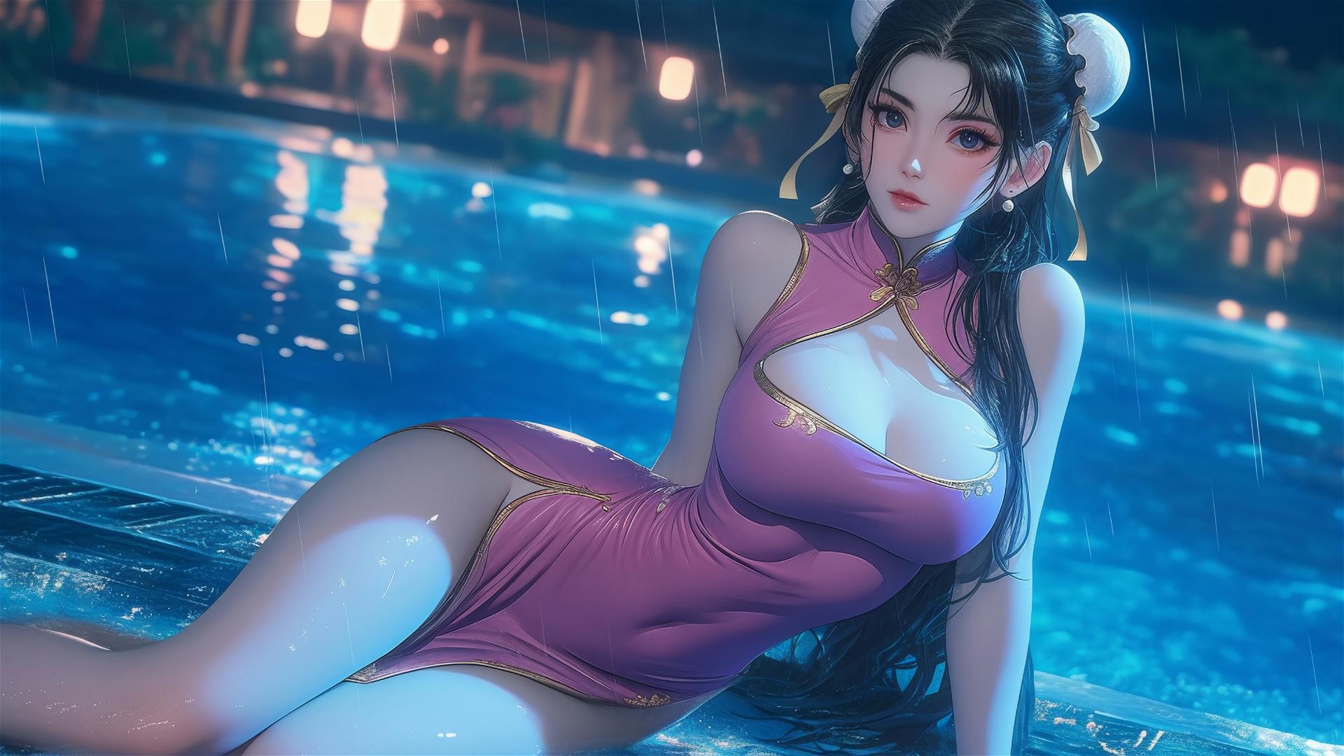 Chun Li in a pink dress relaxing by a rainy pool with moonlight.