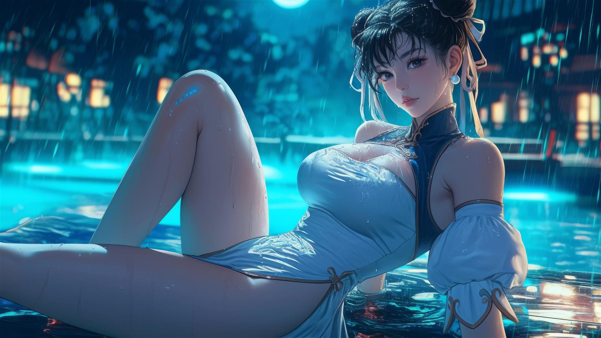 Chun Li in a pure white dress, resting by a rainy swimming pool under moonlight.