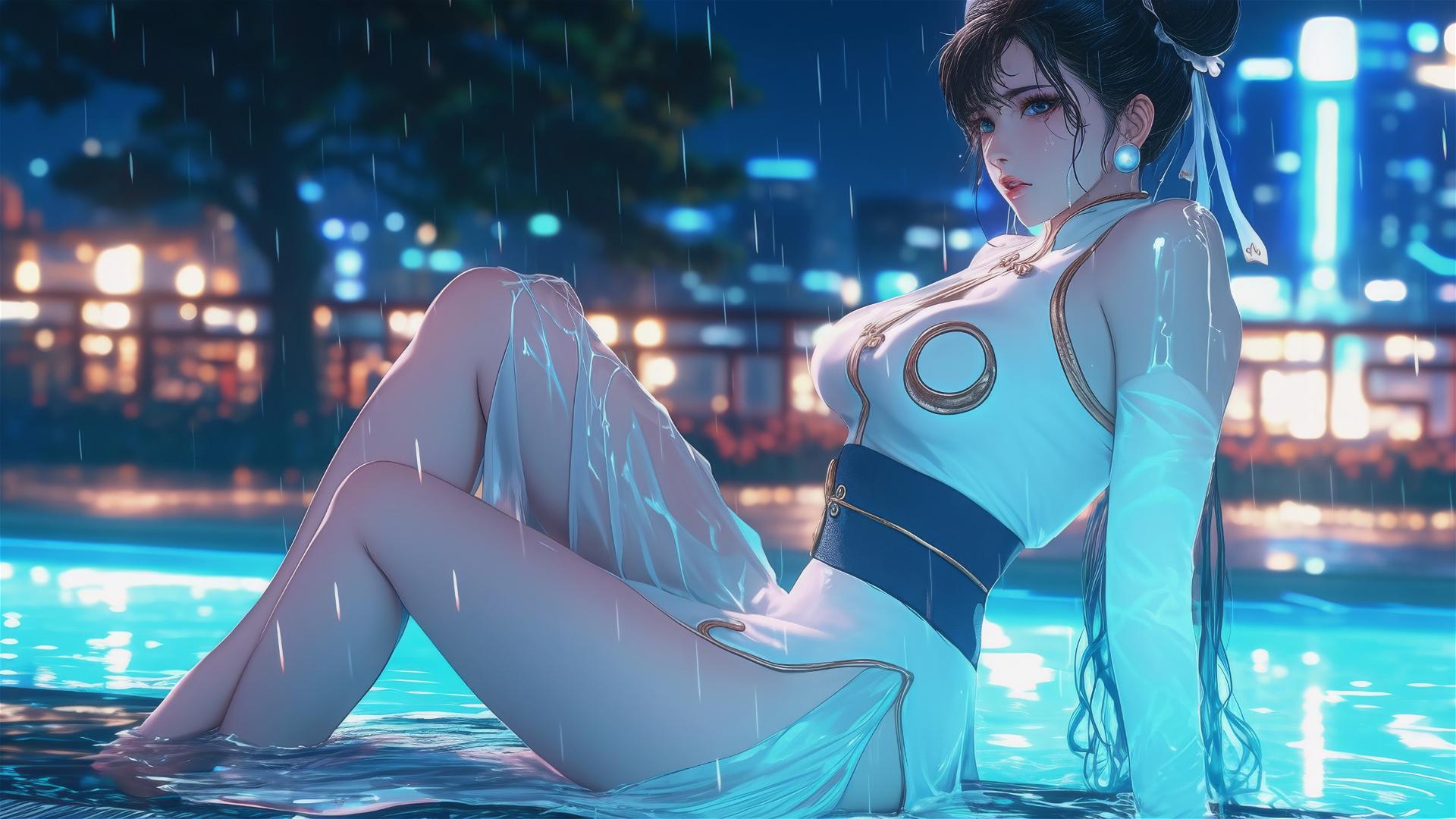 Chun Li in a pure white dress, resting by a rainy swimming pool under moonlight.