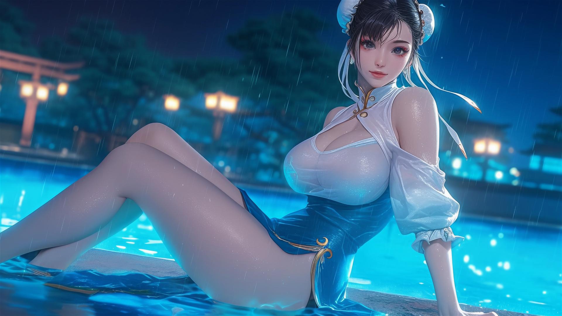 Chun Li in a pure white dress resting by a rainy swimming pool with moonlight glow.