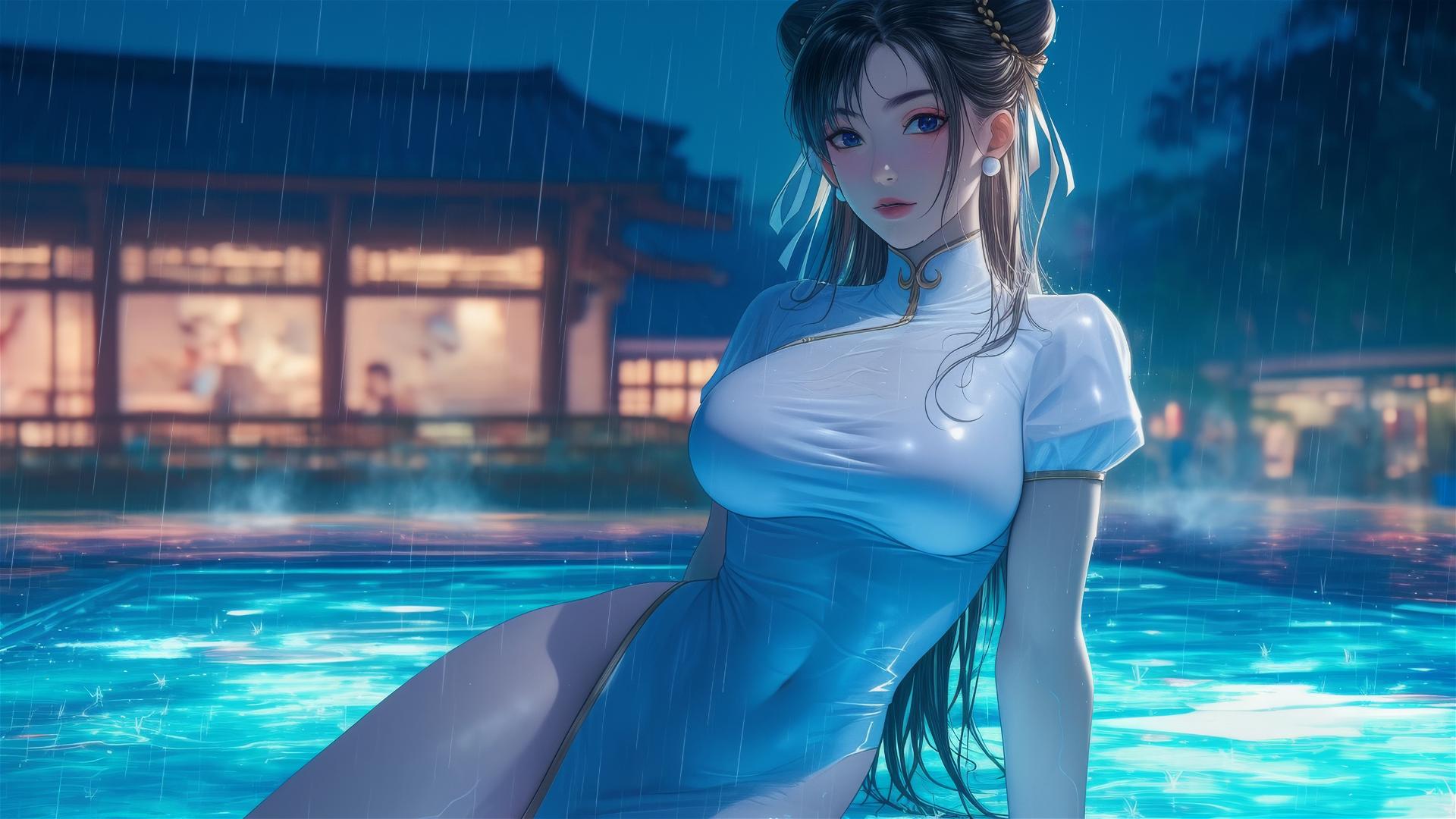 Chun Li in a pure white dress resting by a rainy swimming pool under moonlight.