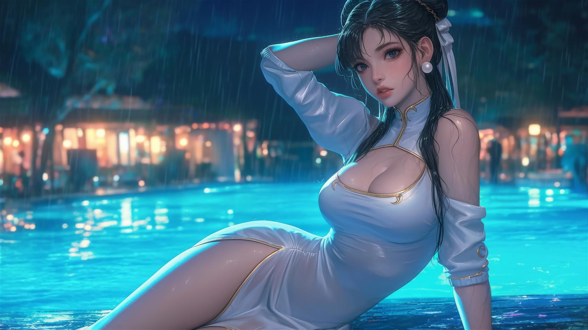 Chun Li in a pure white dress, resting by a rainy swimming pool under moonlight.