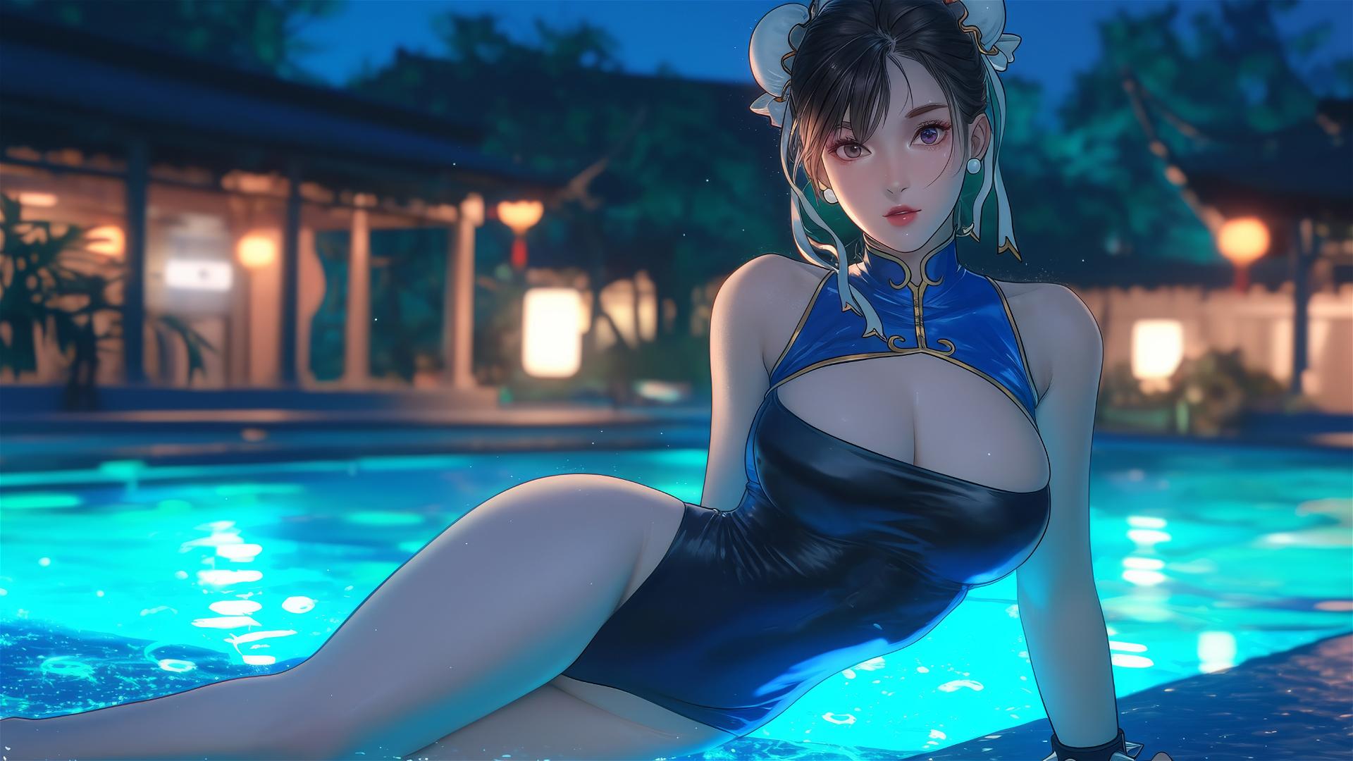 Chun Li from Street Fighter resting by a rainy swimming pool under moonlight.