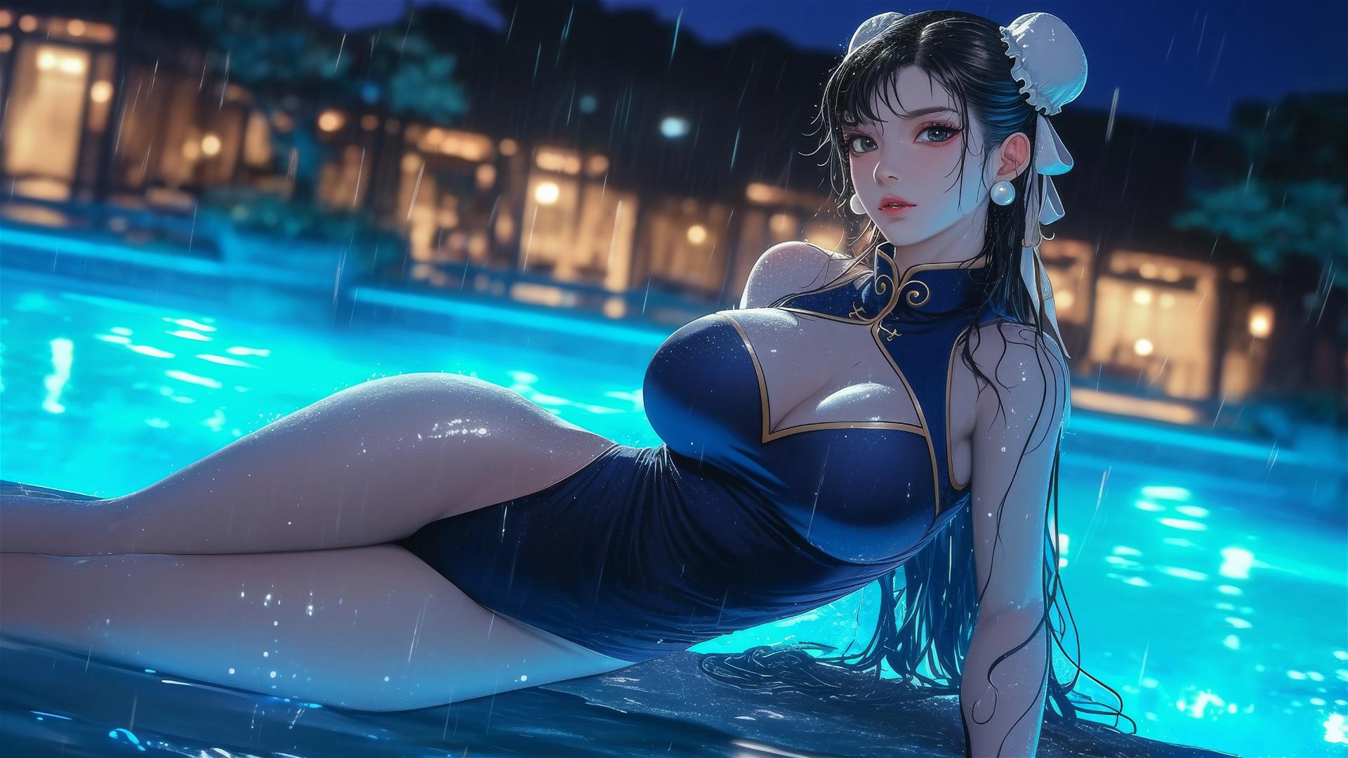 Chun Li from Street Fighter resting by a rainy swimming pool under moonlight.
