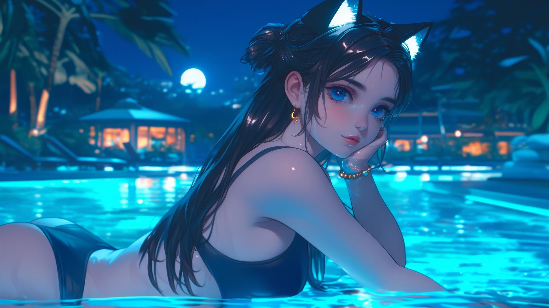 Cat girl leisurely resting at rainy swimming pool under moonlight