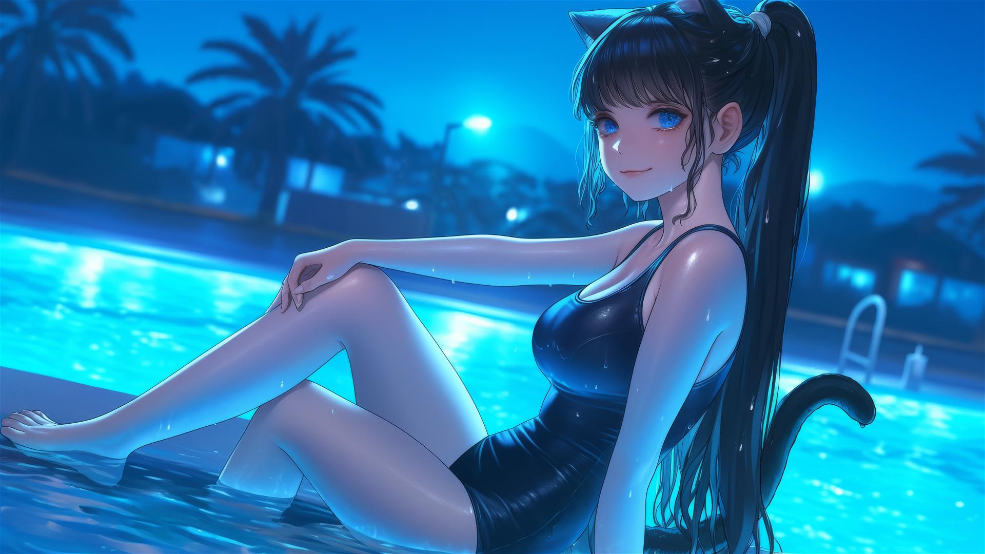 Cat girl resting by rainy swimming pool in moonlight