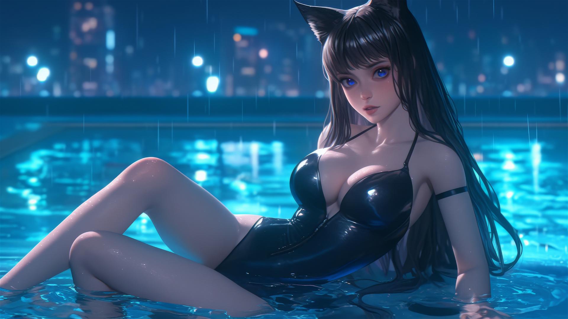 Kawaii cat girl resting by a rainy pool under moonlight