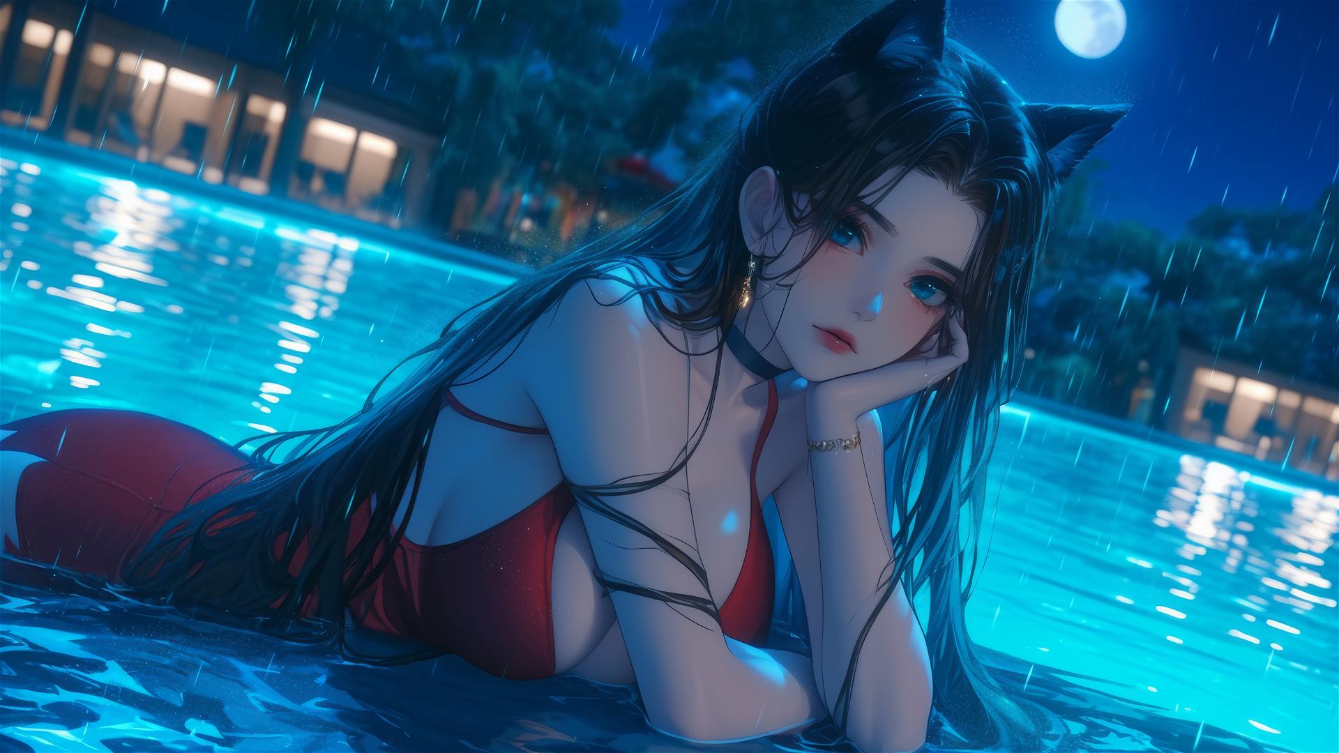 Cat girl in a red dress, resting by a rainy pool under moonlight