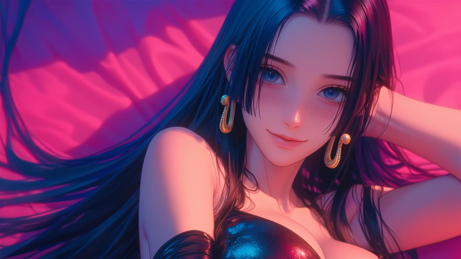Boa Hancock from One Piece in bed with black and pink leather, long hair, gold earrings, neon colors, pink background, anime style.