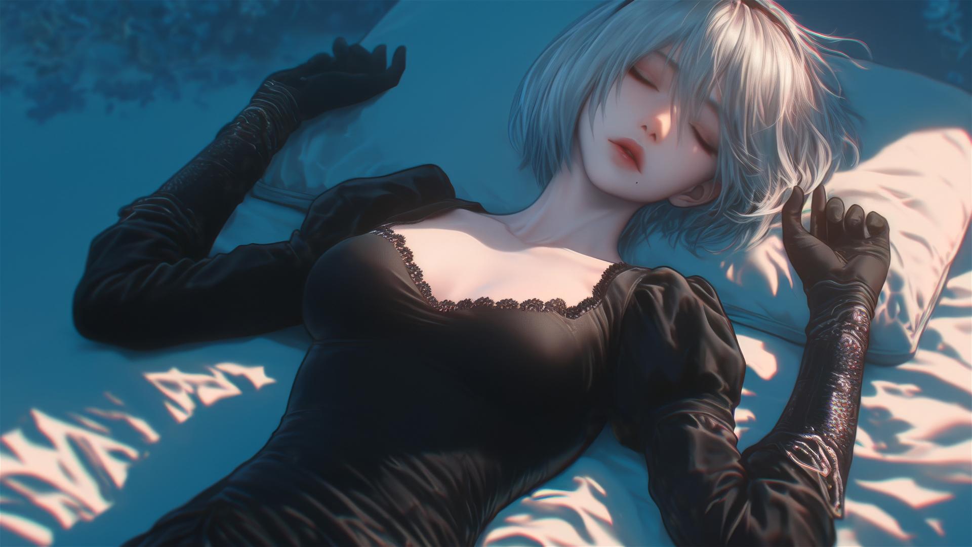 High angle view of 2B from Nier in bed with a relaxed posture and short hair.