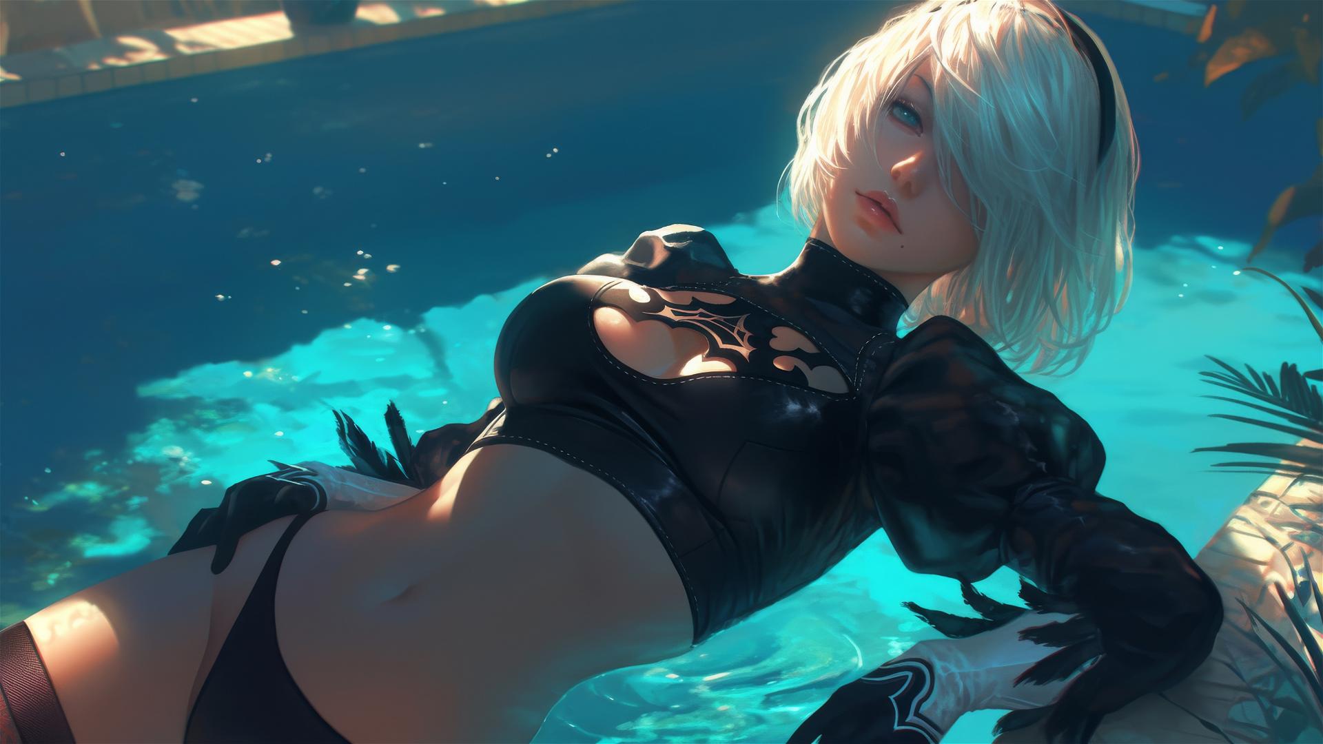 2B from Nier lounging at a rainy swimming pool with moonlight glow
