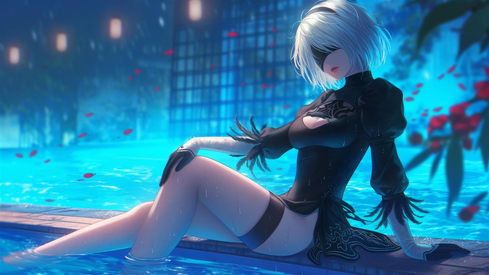 2B from Nier resting by a rainy swimming pool, illuminated by moonlight.