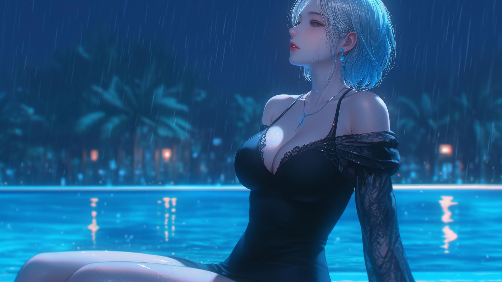 2B from Nier resting at rainy pool under moonlight