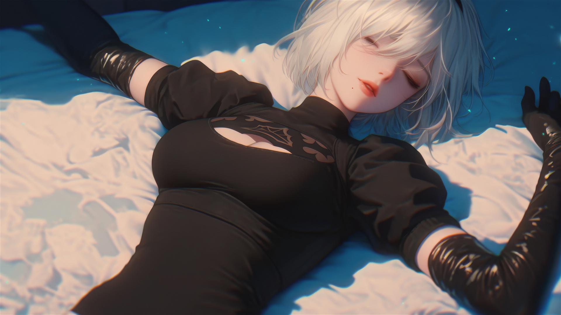 High angle view of 2B from Nier, relaxed in bed with short hair