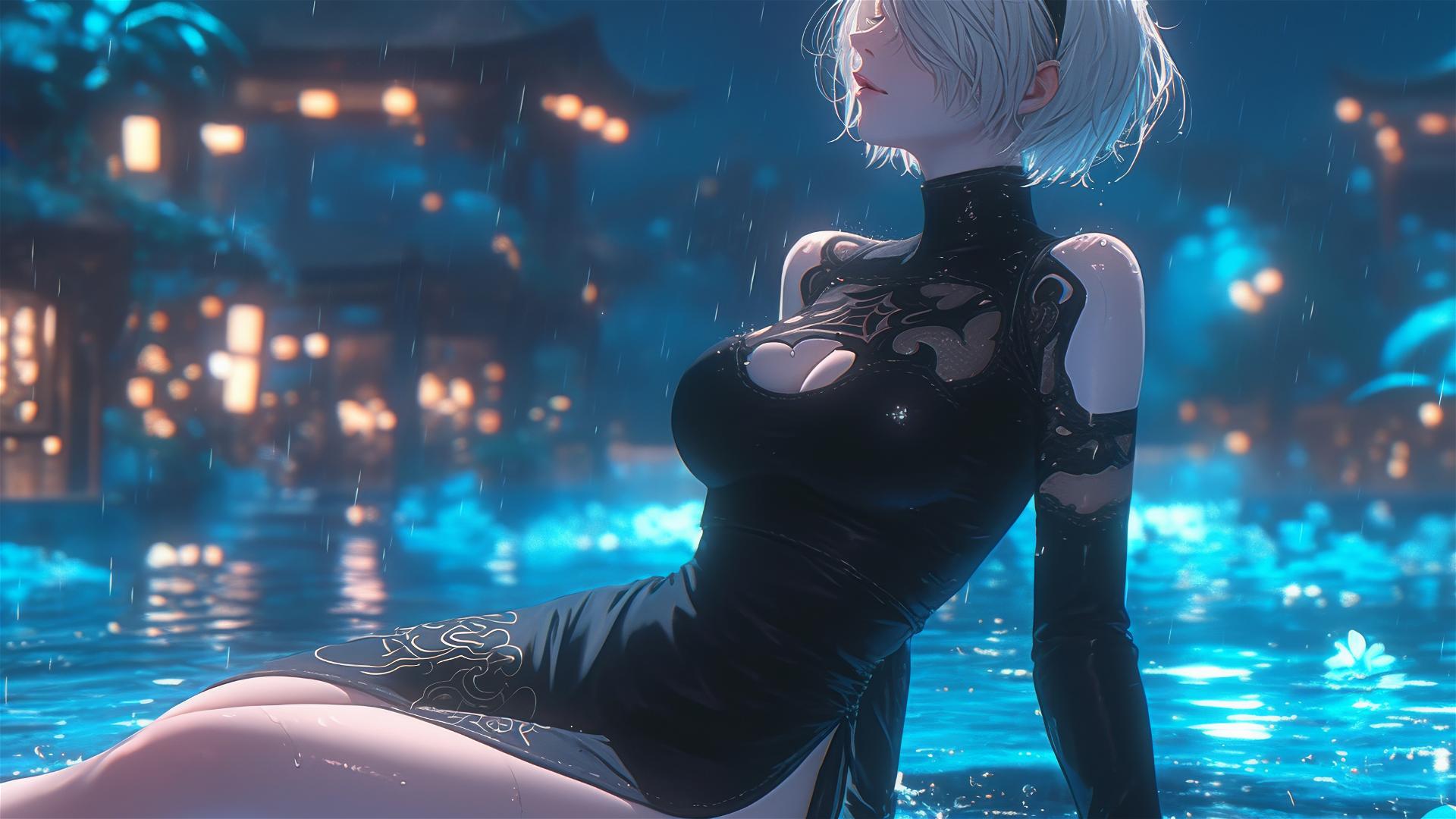 2B from Nier in casual attire sitting by a rainy swimming pool under moonlight.