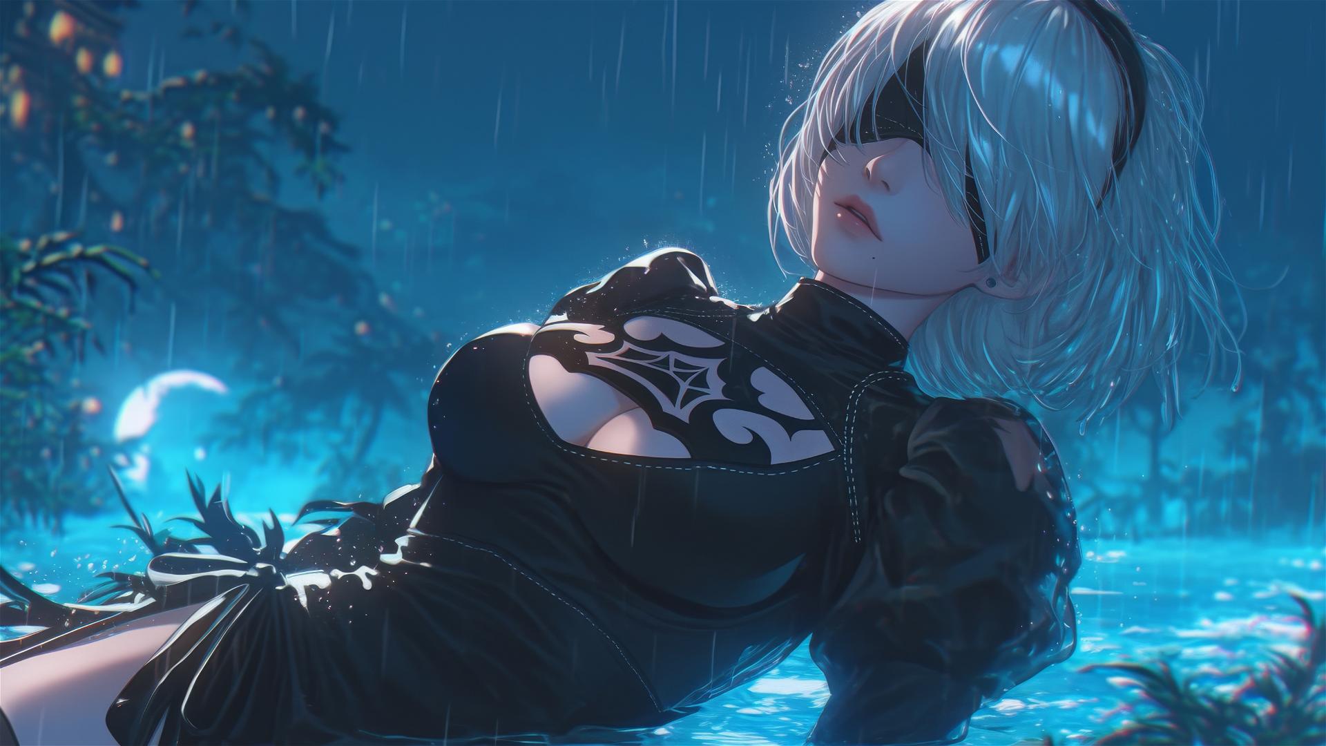 2B from Nier in casual attire, sitting leisurely by a rainy swimming pool with moonlight glow.