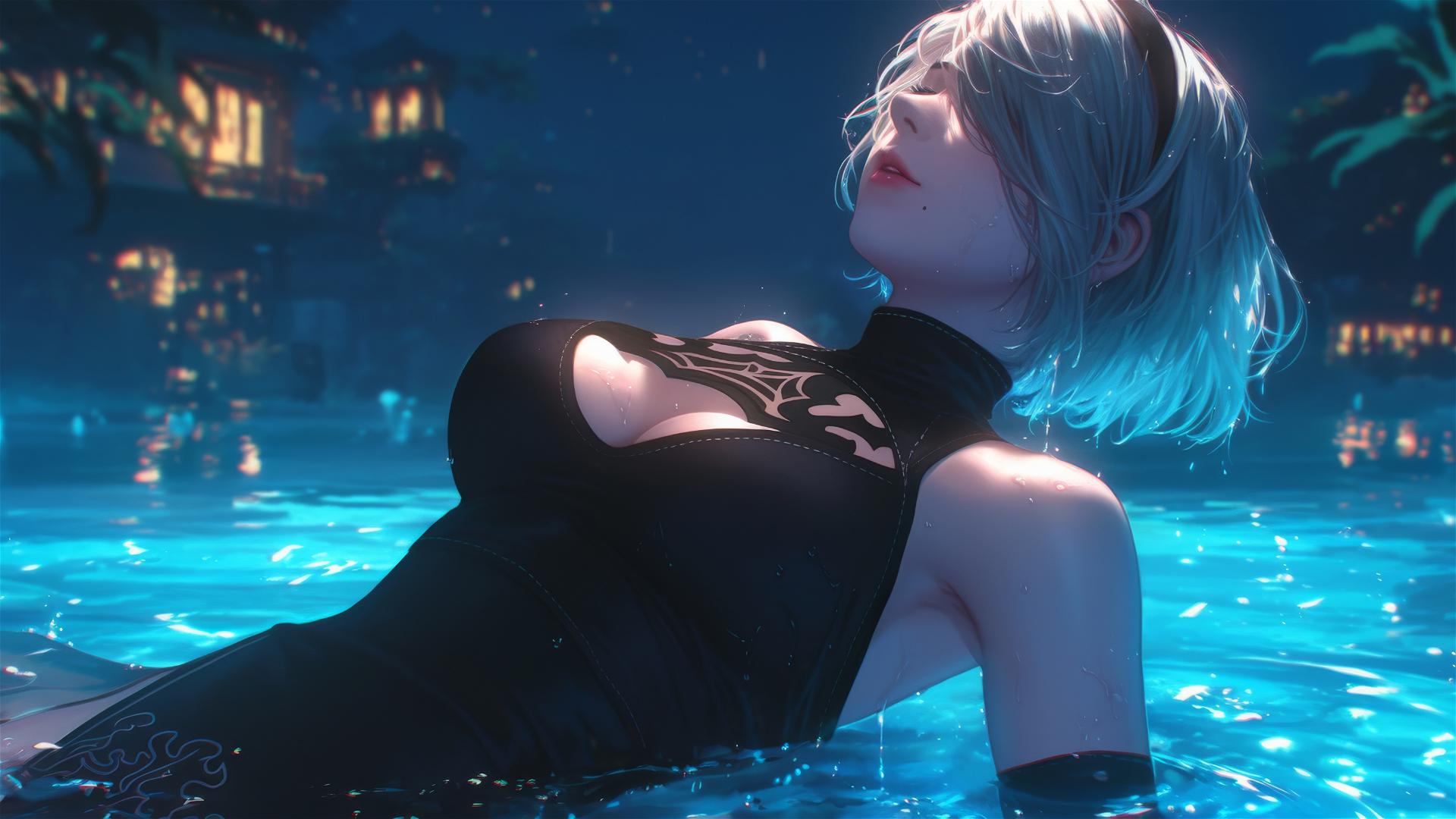 2B from Nier, casual attire, sitting by rainy swimming pool, moonlight glow