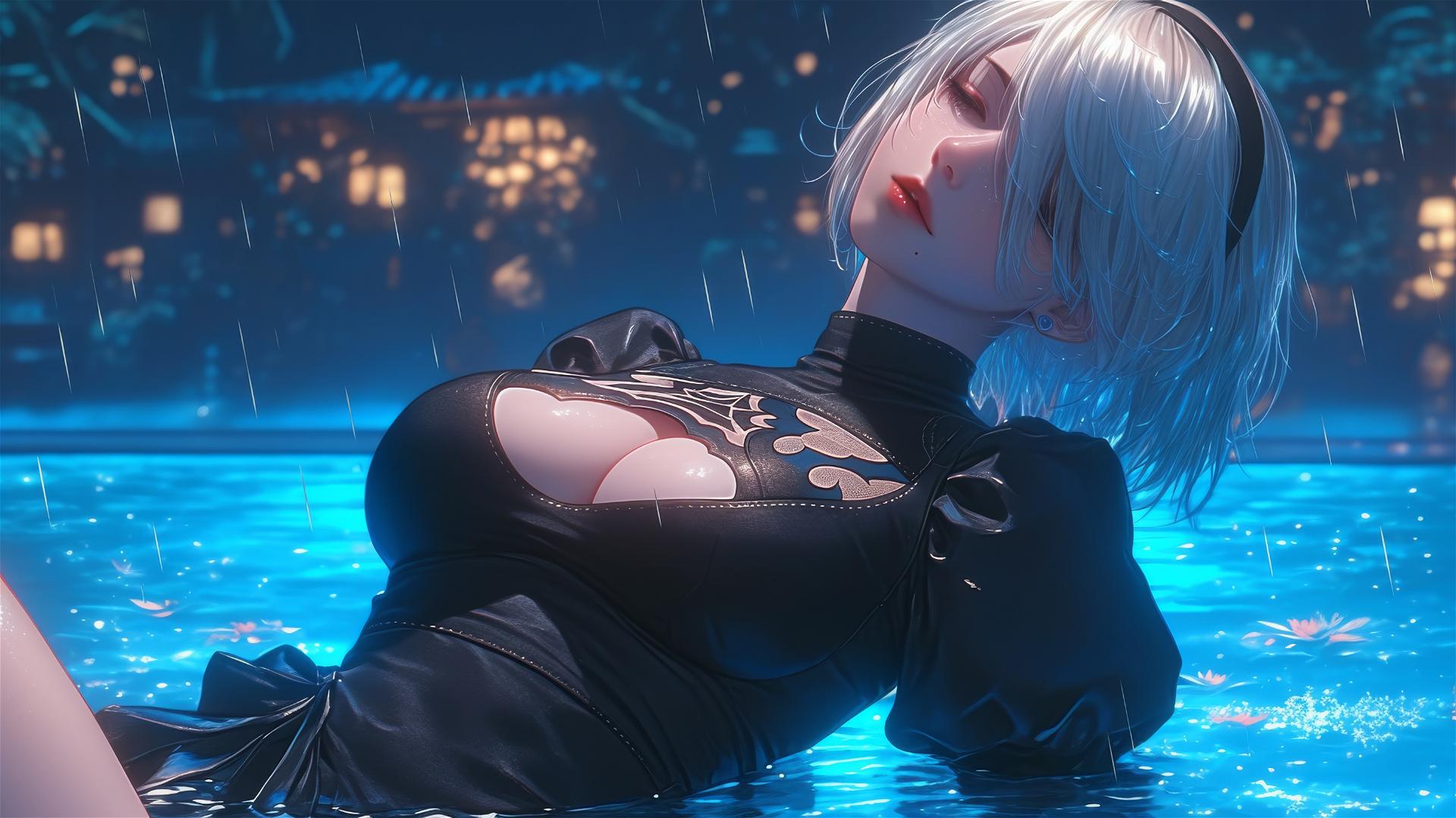 2B from Nier in casual attire, sitting leisurely by a rainy swimming pool with moonlight glow.