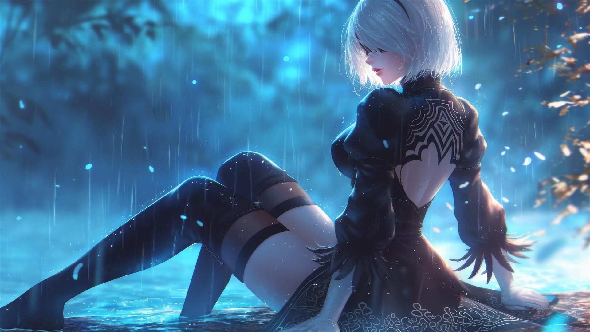 2B from Nier resting by a rainy swimming pool under moonlight
