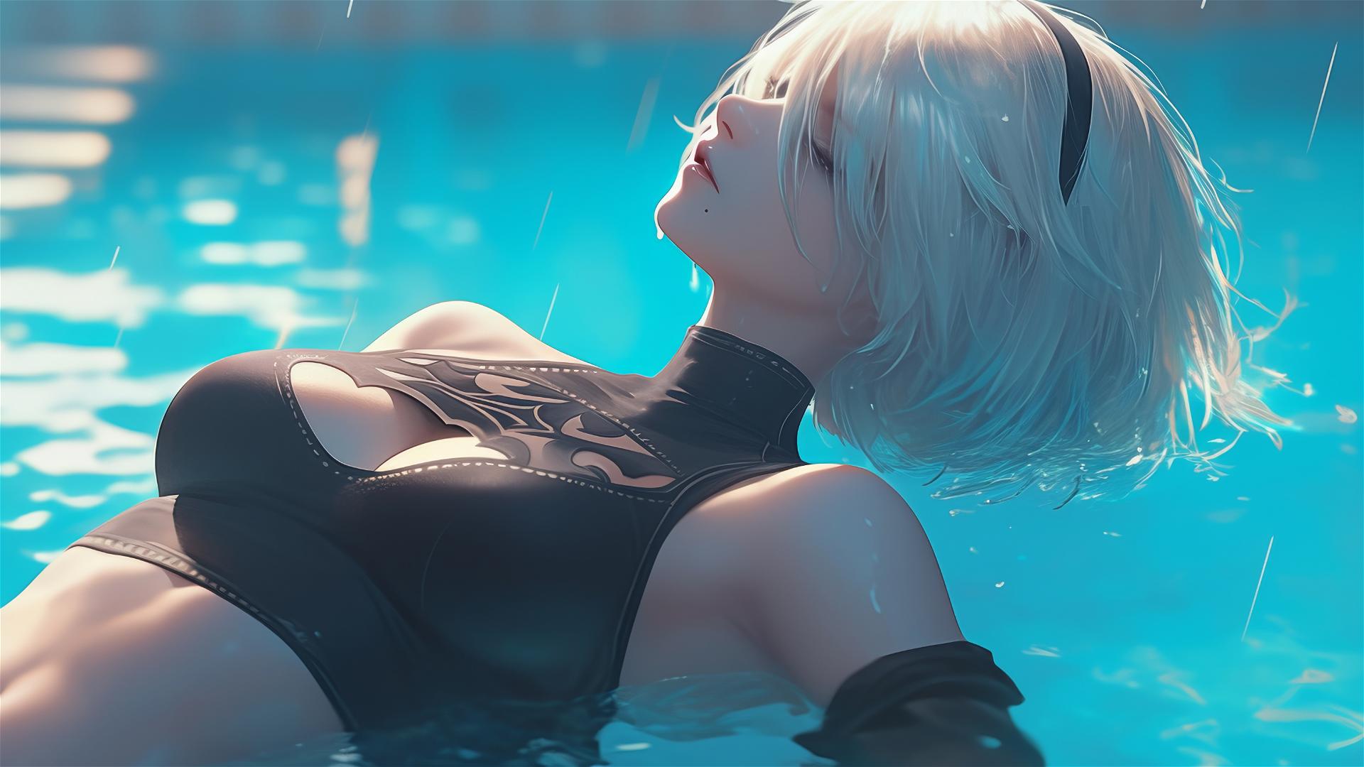 2B from Nier lounging at rainy swimming pool under moonlight