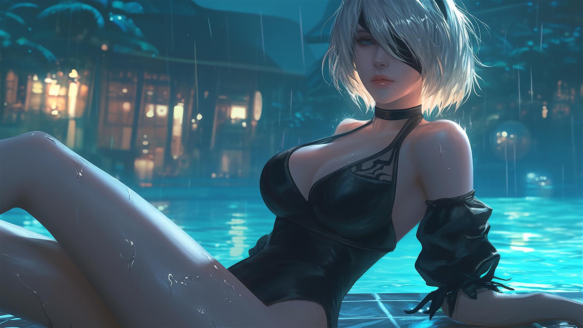 2B from Nier relaxing by a pool under moonlight with rain