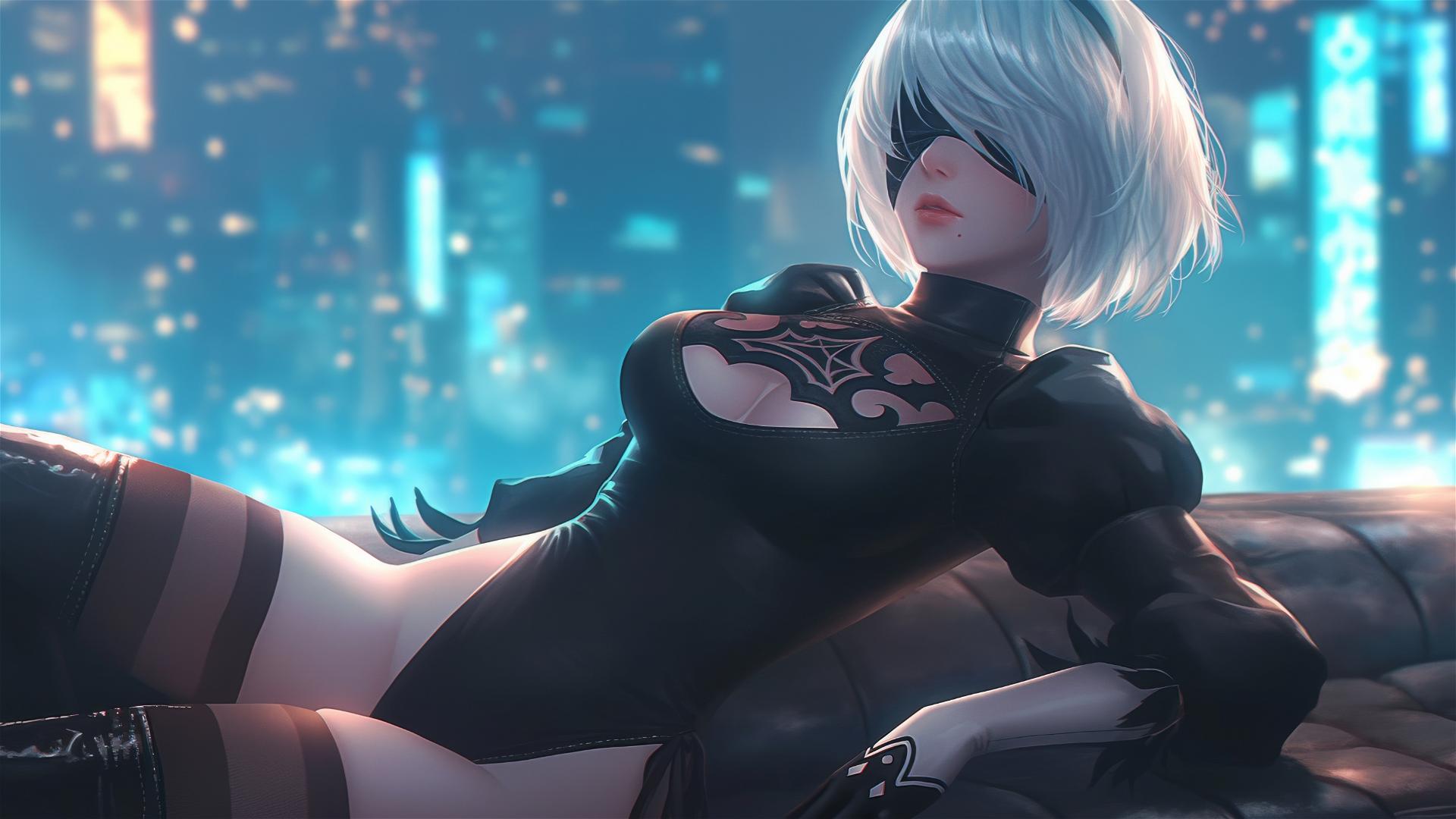 2B from Nier lounging at a rainy swimming pool under moonlight