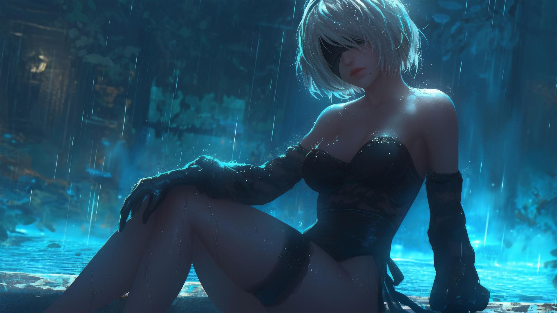 2B from Nier sitting at a rainy swimming pool under moonlight.
