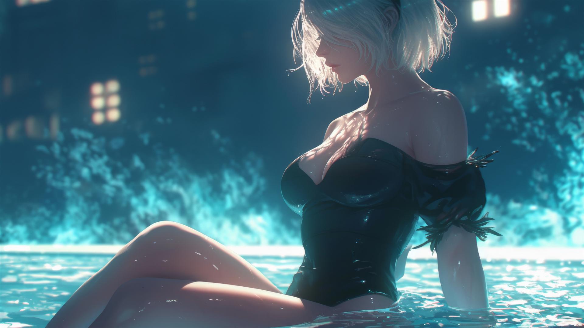 2B from Nier sitting by a rainy pool under moonlight