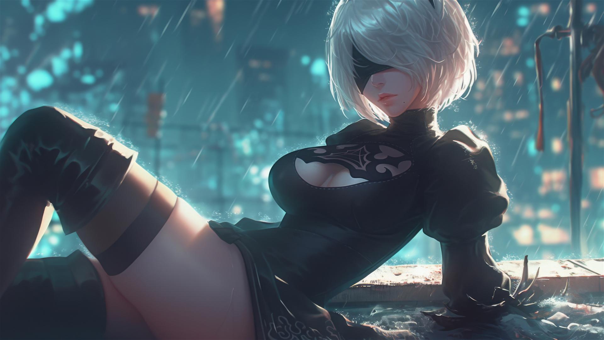 2B from Nier resting at a rainy swimming pool with moonlight glow