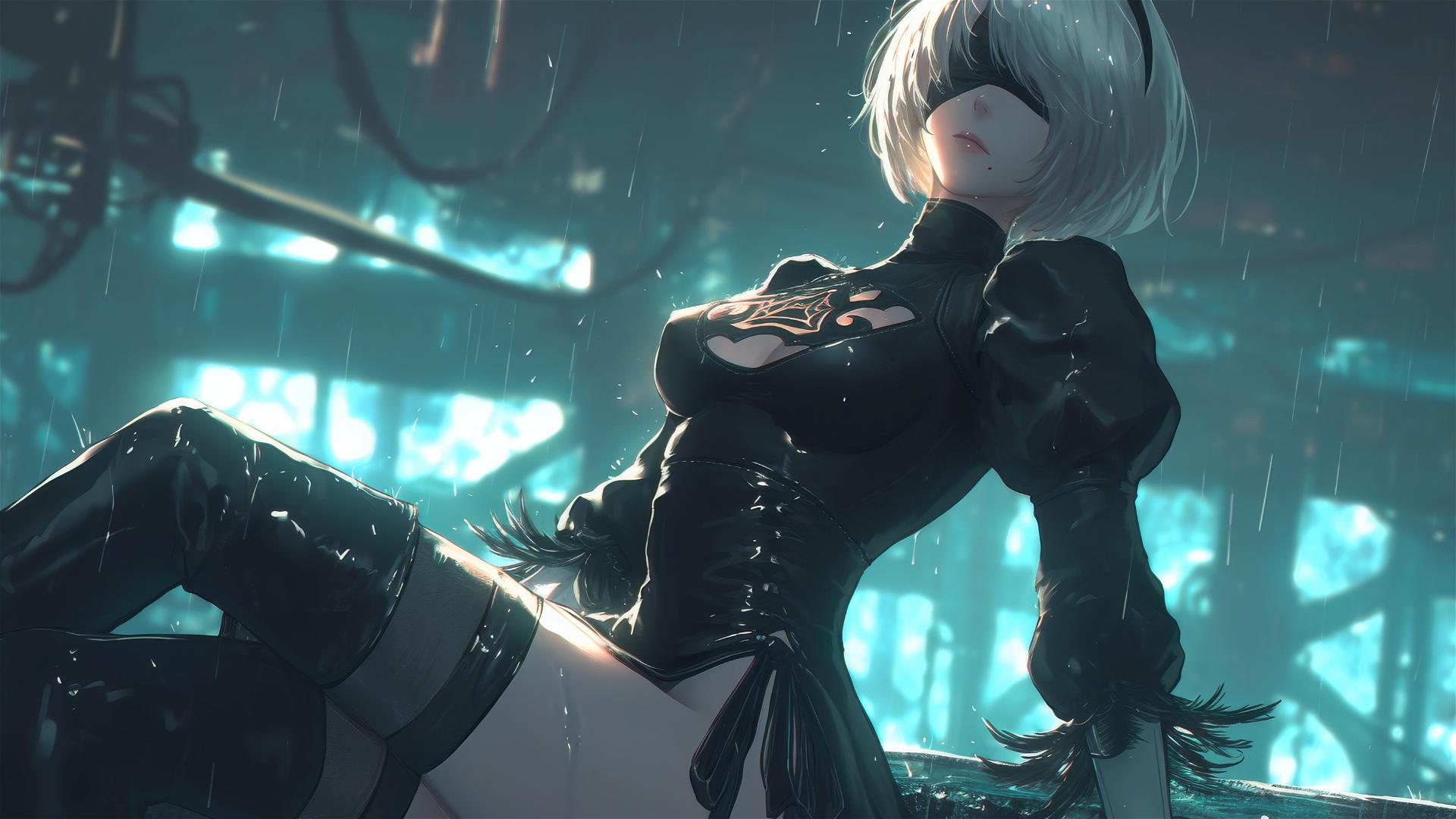 2B from Nier resting by a pool under moonlit rain