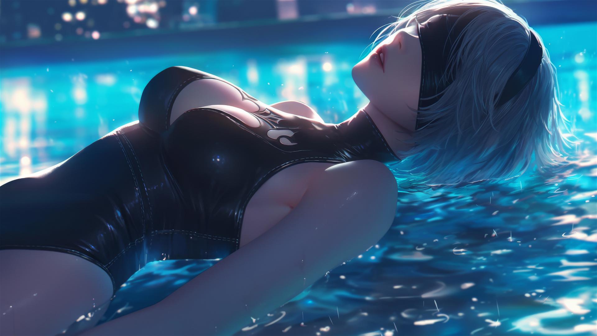2B from Nier resting by a rainy pool under moonlight, short hair