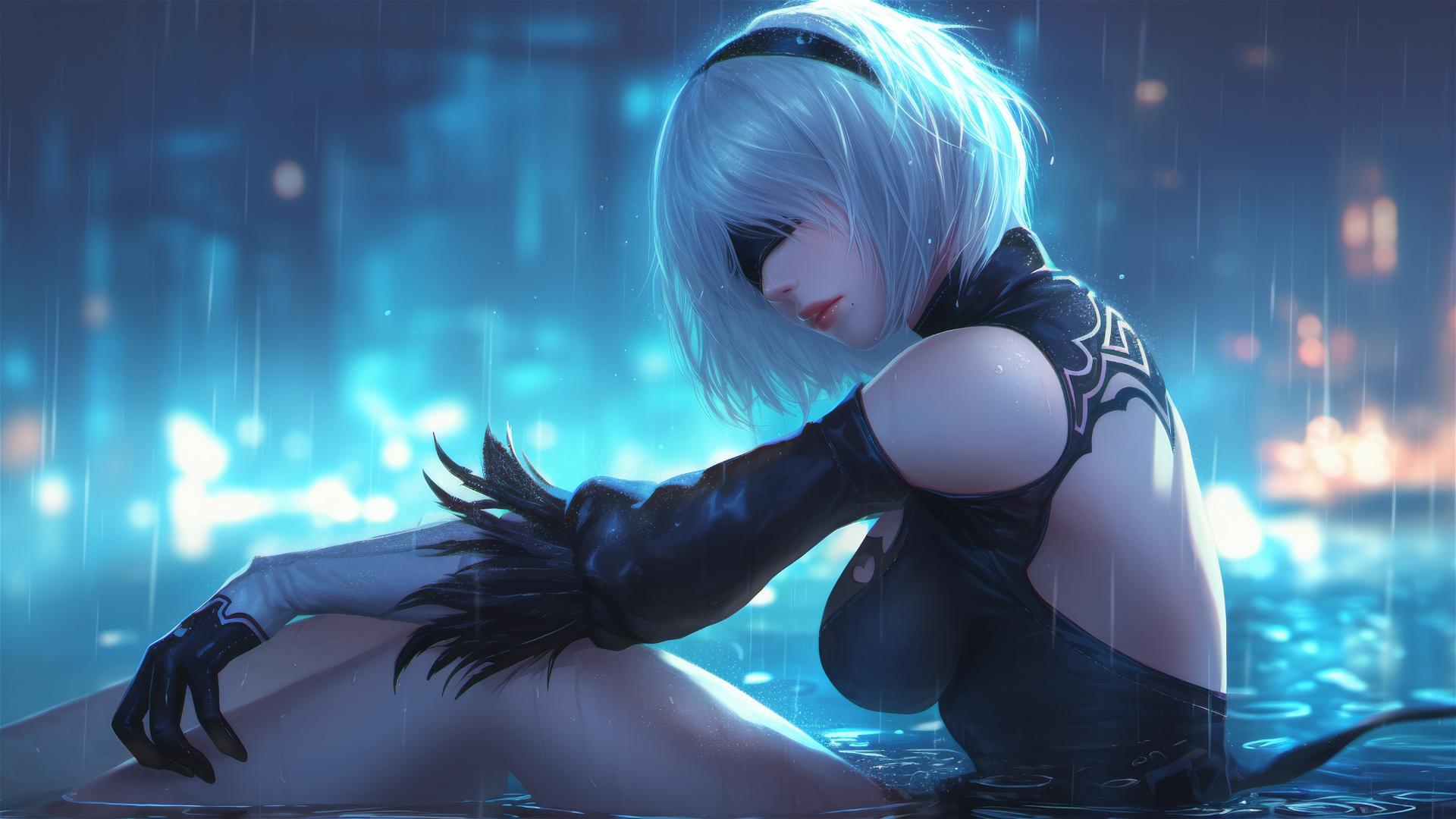 2B from Nier resting by a moonlit pool with short hair