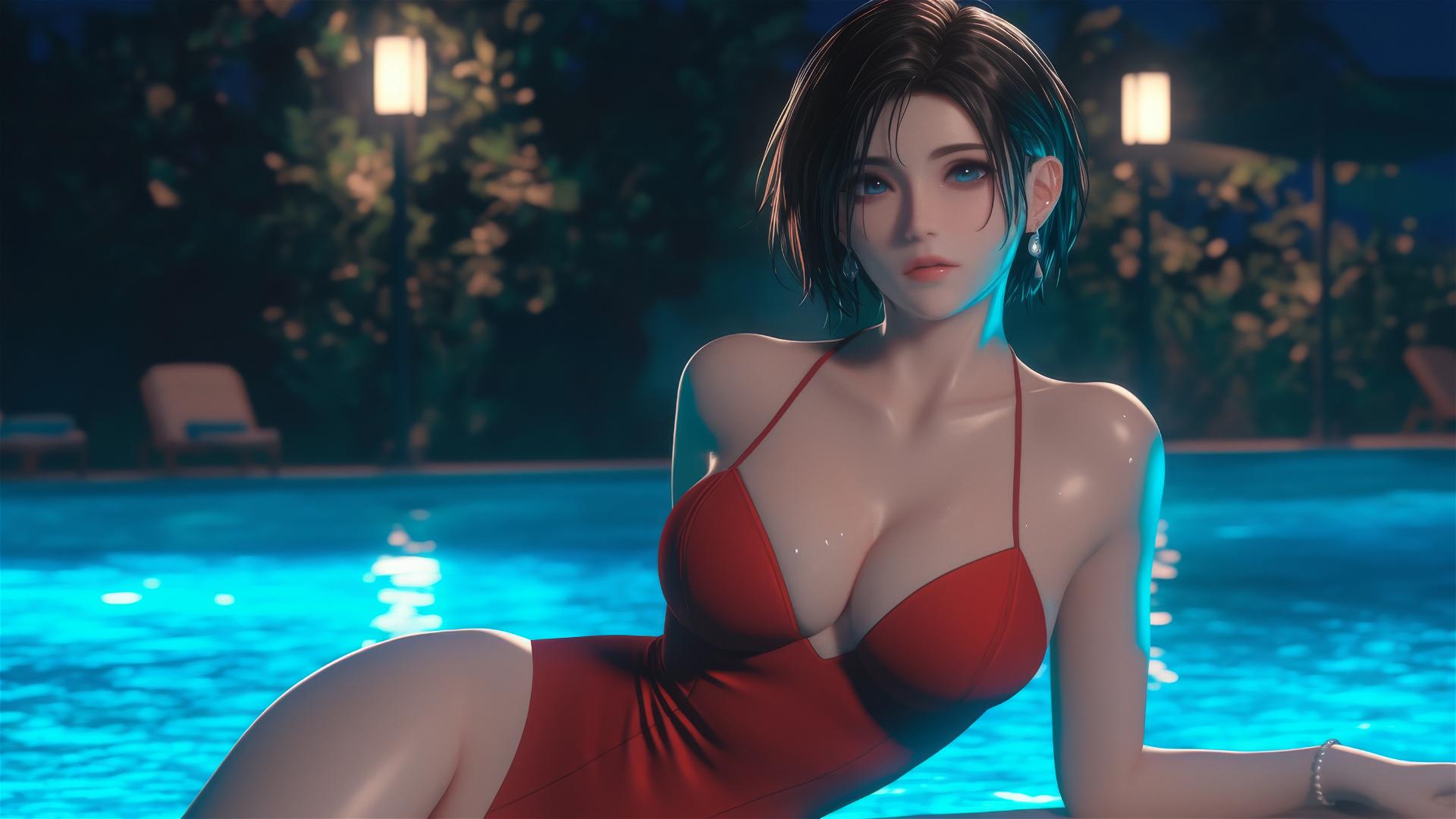 Ada Wong from Resident Evil resting at a rainy pool with moonlight