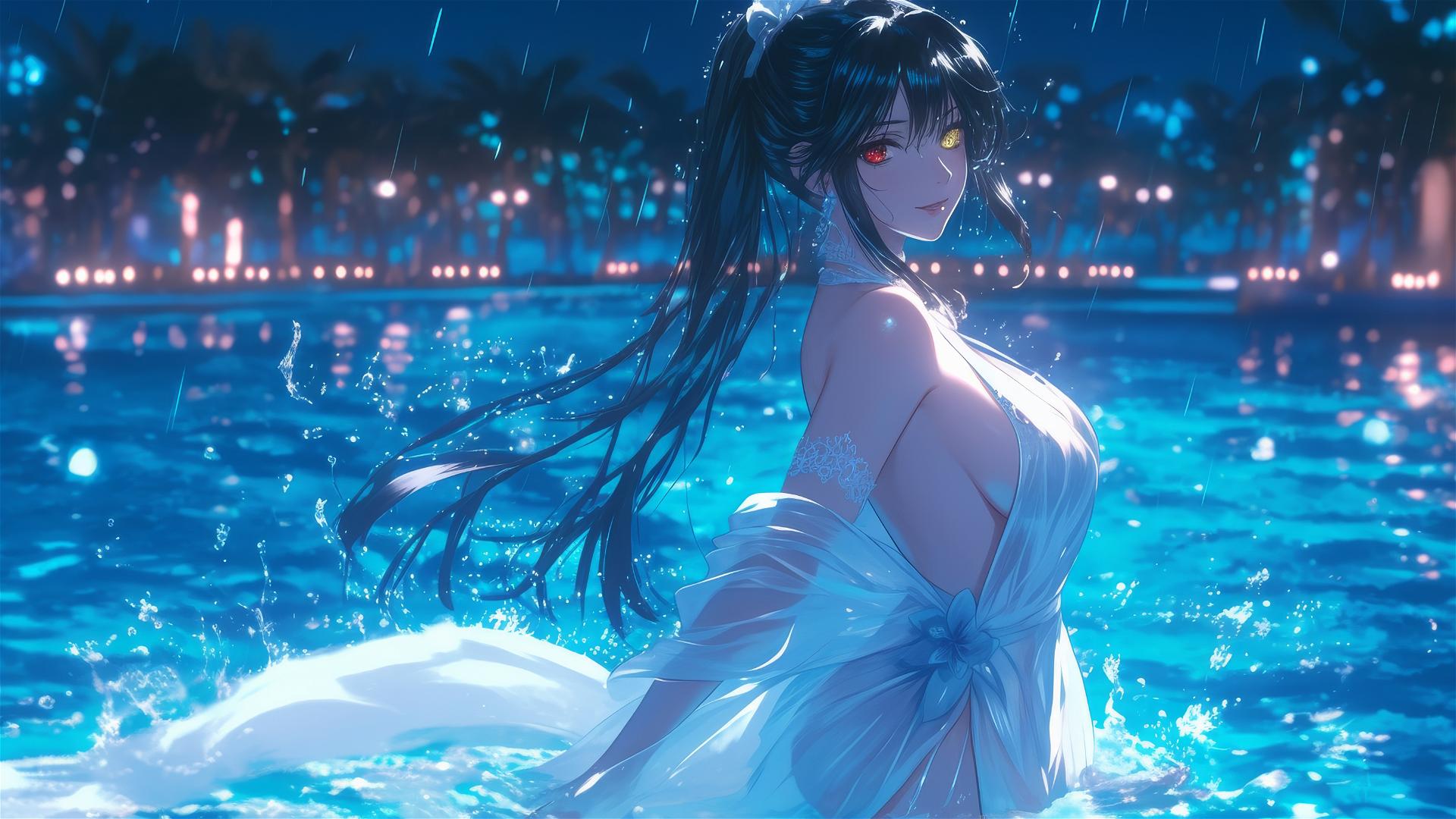 Kurumi Tokisaki from Date A Live standing in a rainy swimming pool with moonlight on her, wearing a pure white dress.