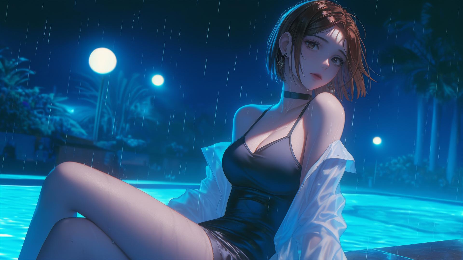 Nobara Kugisaki from Jujutsu Kaisen resting by a rainy swimming pool under moonlight.