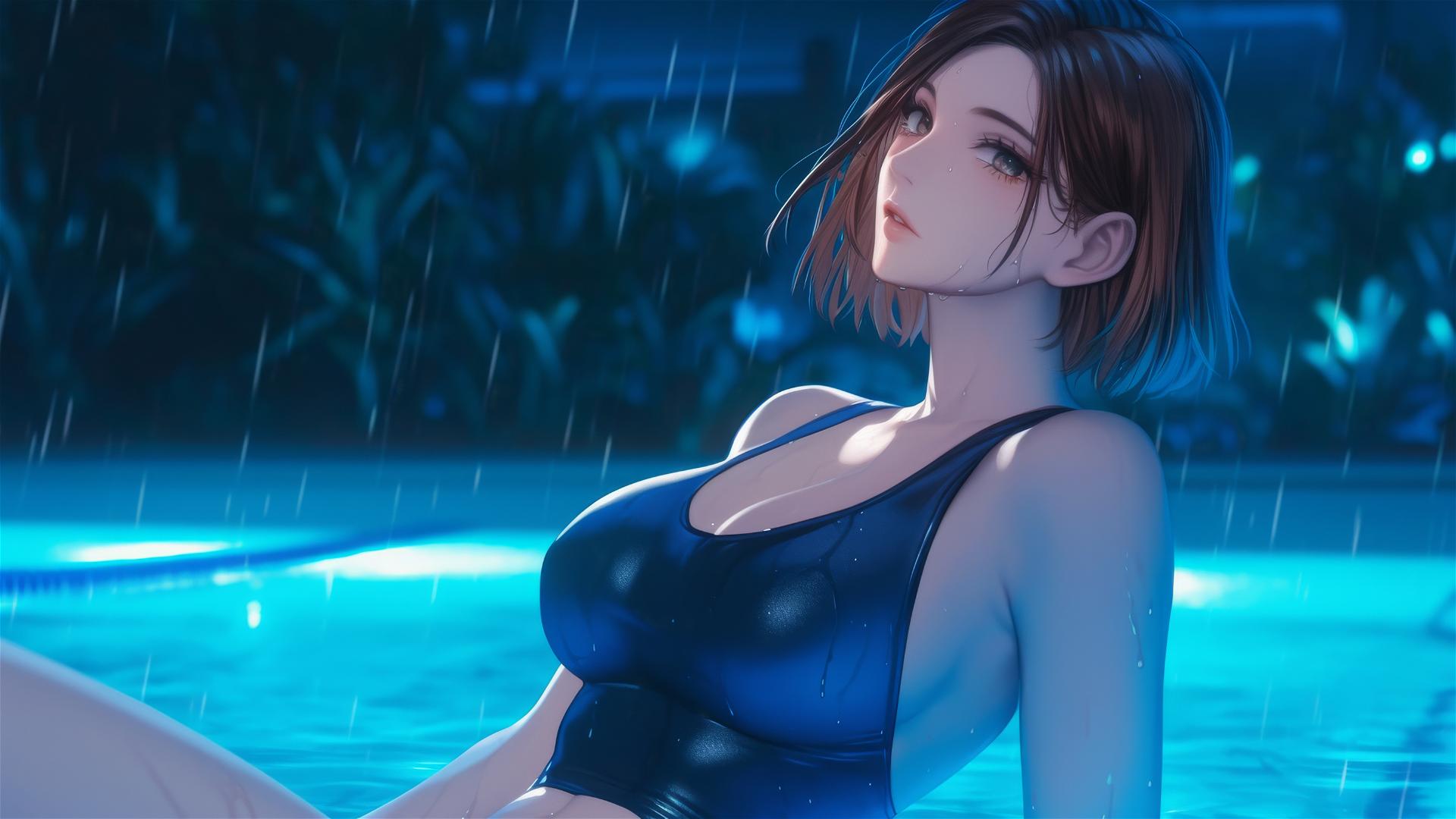 Nobara Kugisaki from Jujutsu Kaisen resting by a pool under moonlight