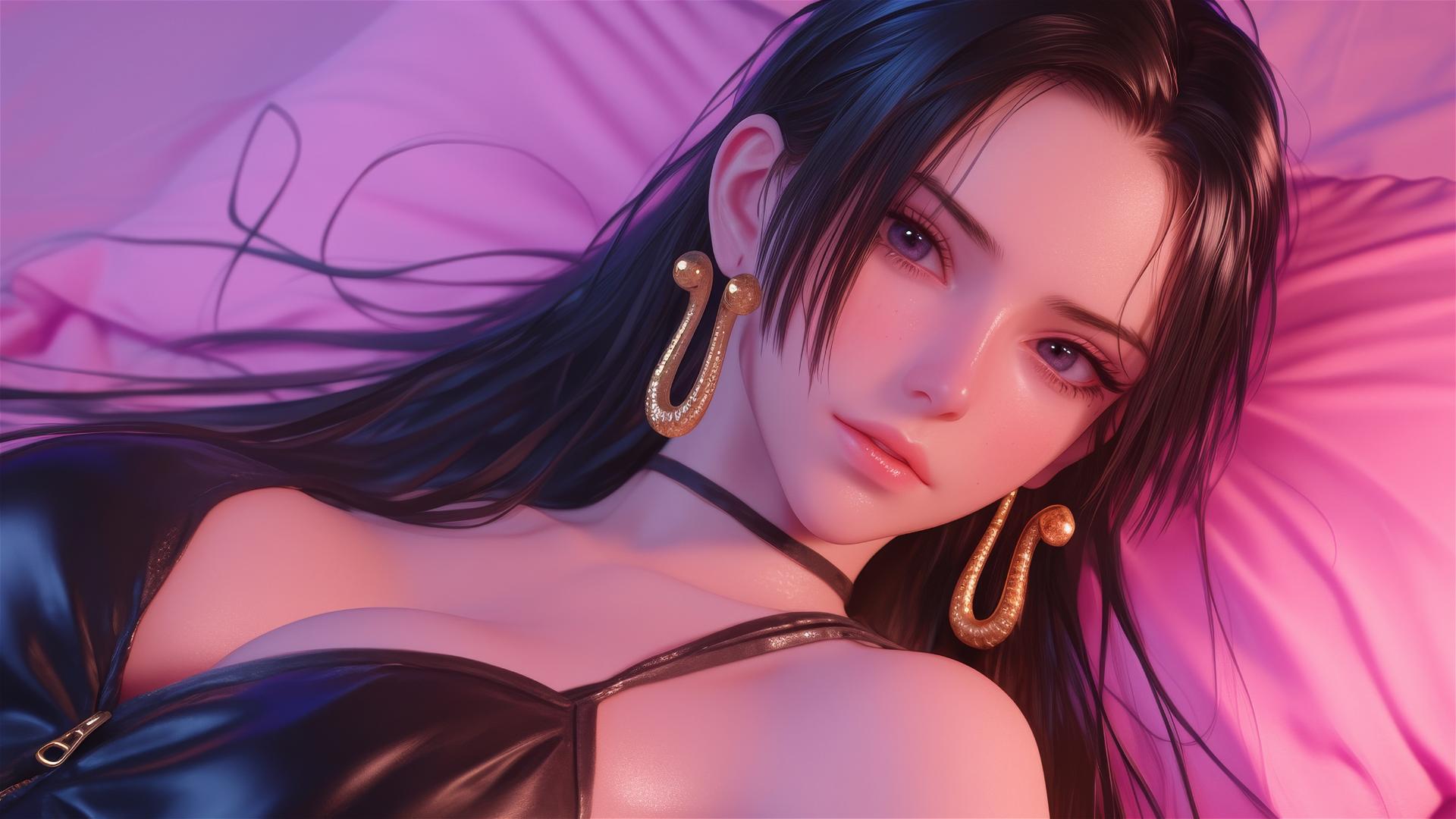 Boa Hancock from One Piece in black and pink leather, in bed, with neon colors.