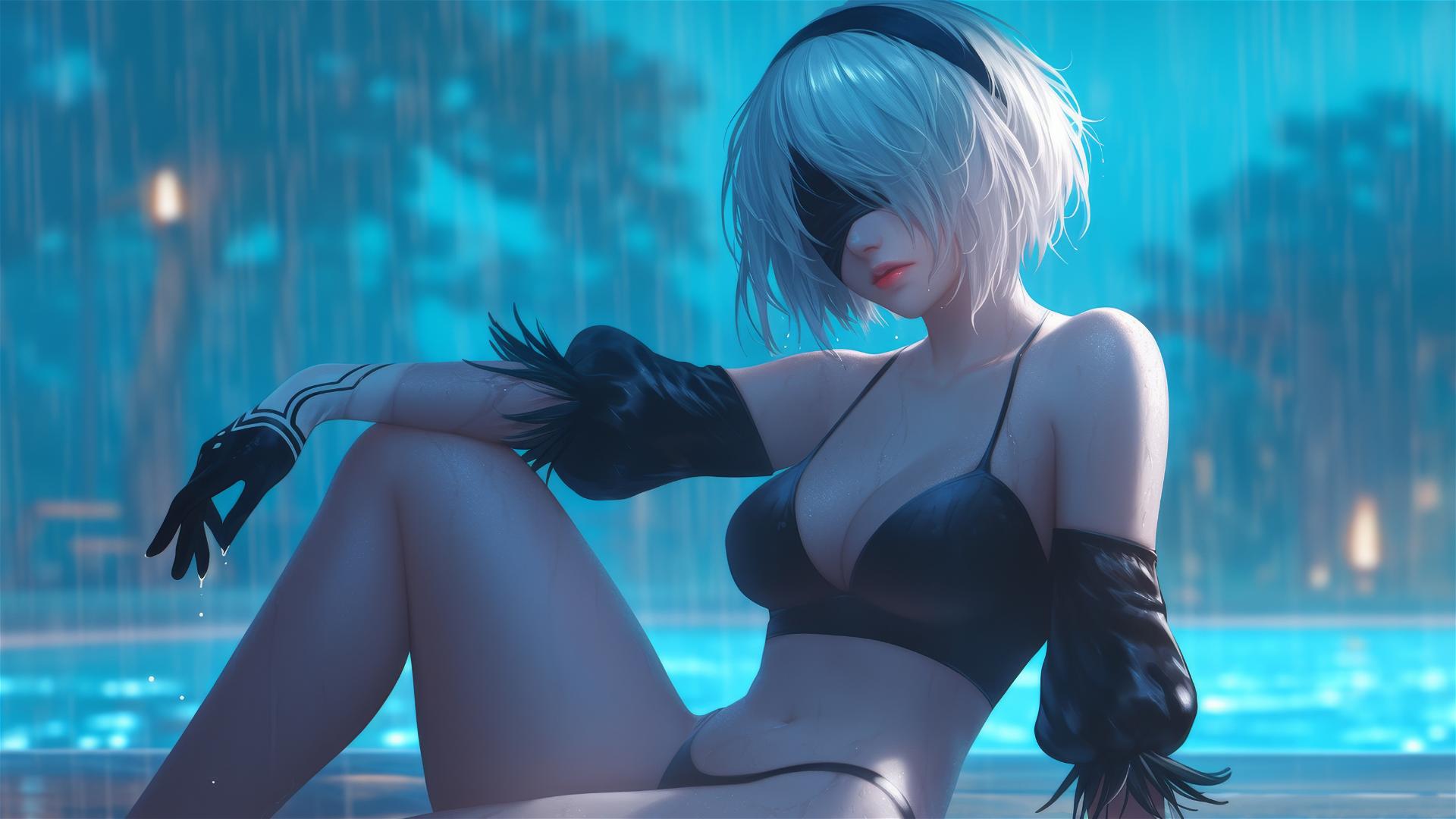 2B from Nier sitting by a rainy swimming pool under moonlight with short hair.