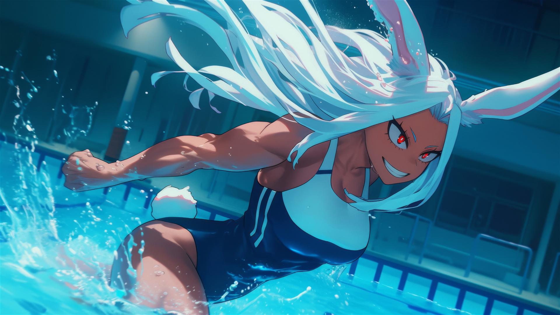 Mirko from My Hero Academia, tan-skinned with rabbit features under moonlight