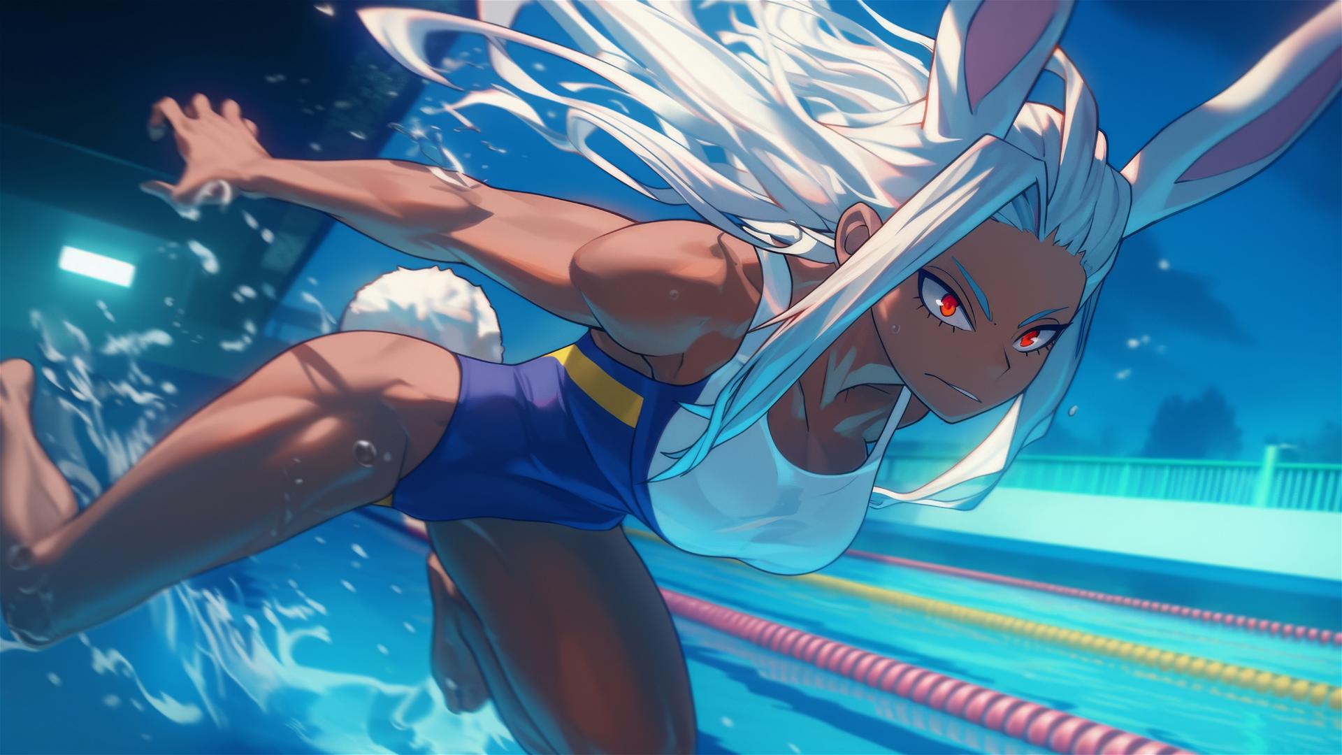 Mirko from My Hero Academia leaps from pool under moonlight, with albino rabbit features.