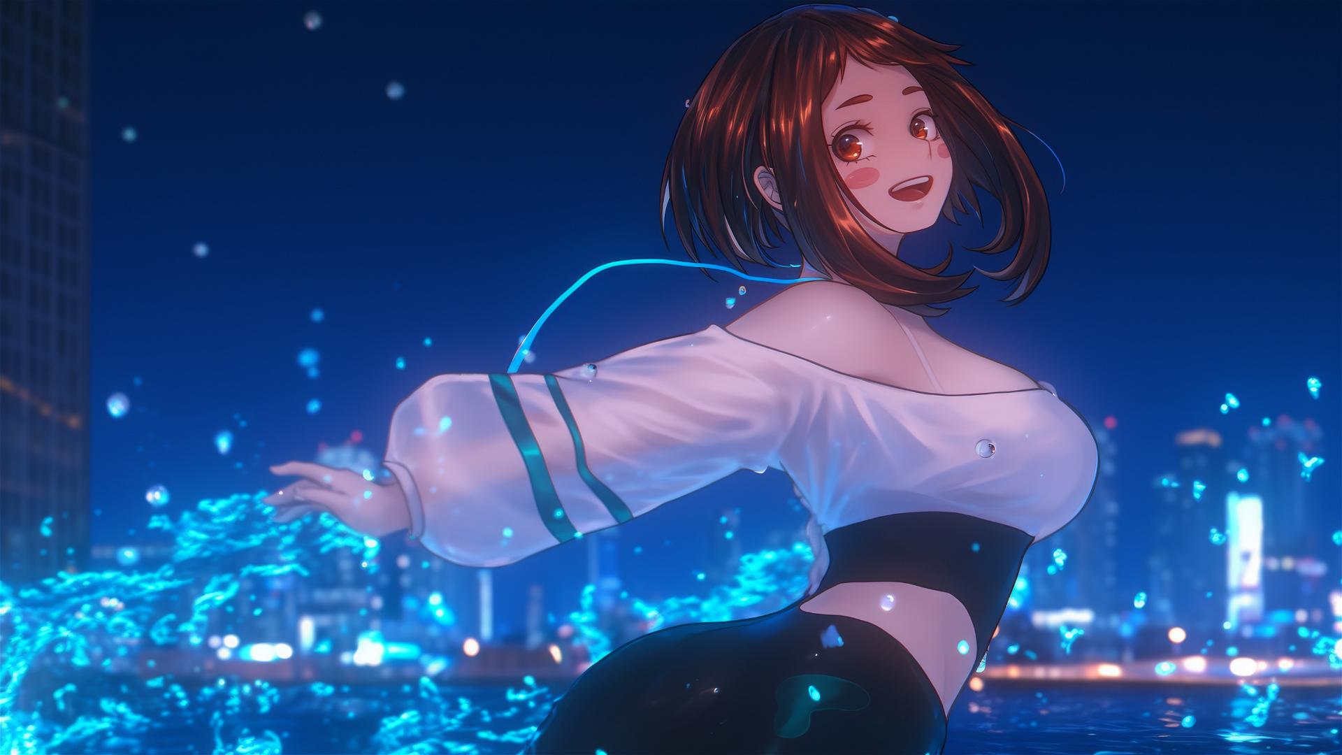 Ochaco Uraraka from My Hero Academia, jumping out of a tub in a softly glowing light, auburn hair and eyes