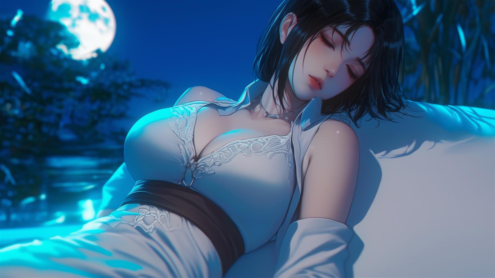 Mikasa Ackerman relaxing in a modern hotel room under moonlight.