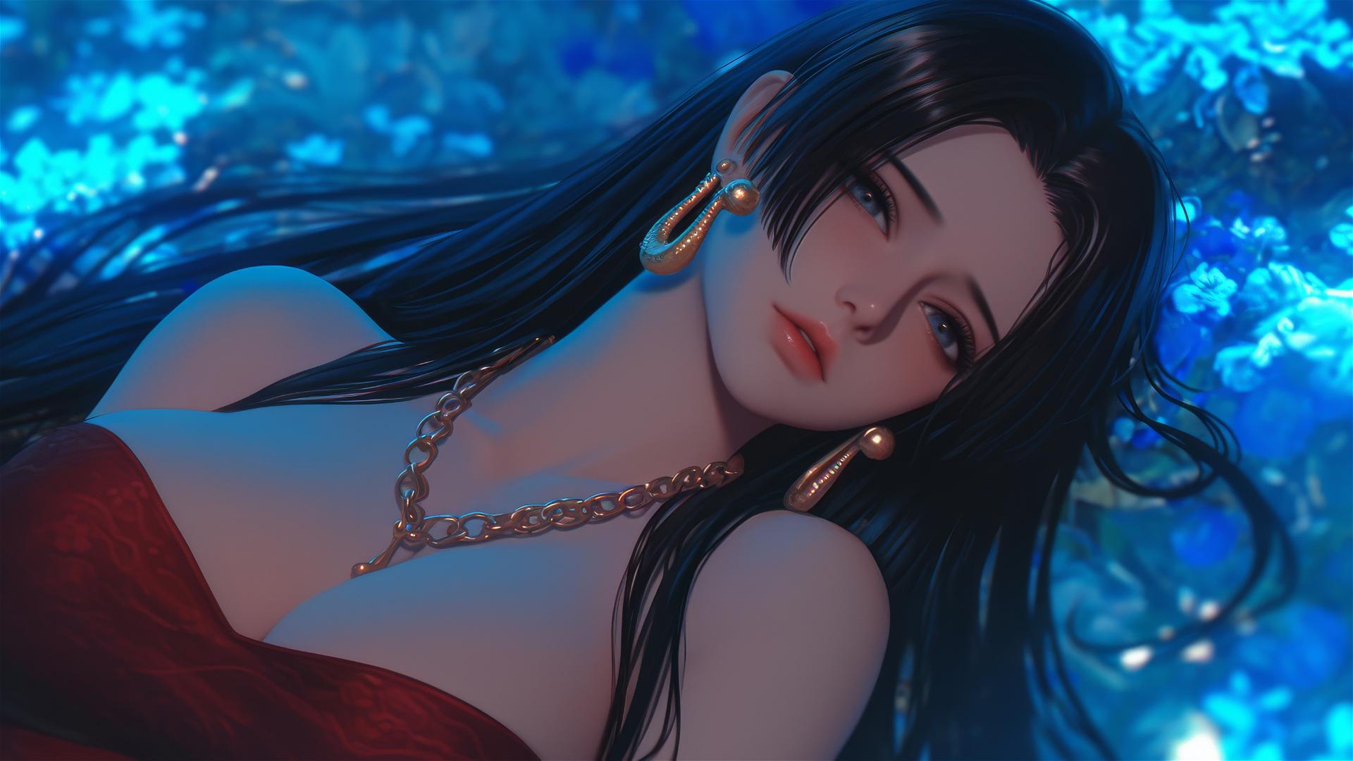 Boa Hancock from One Piece in red with chains, in modern hotel room, moonlit.