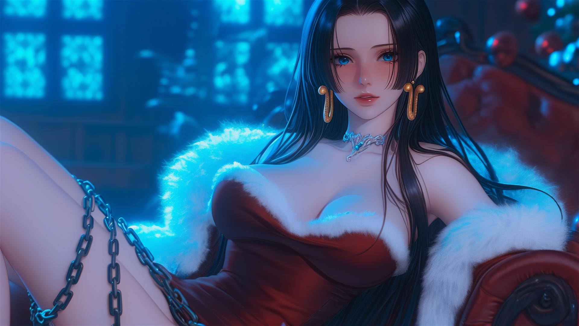 Boa Hancock in a Christmas costume, chained, neon-lit modern room