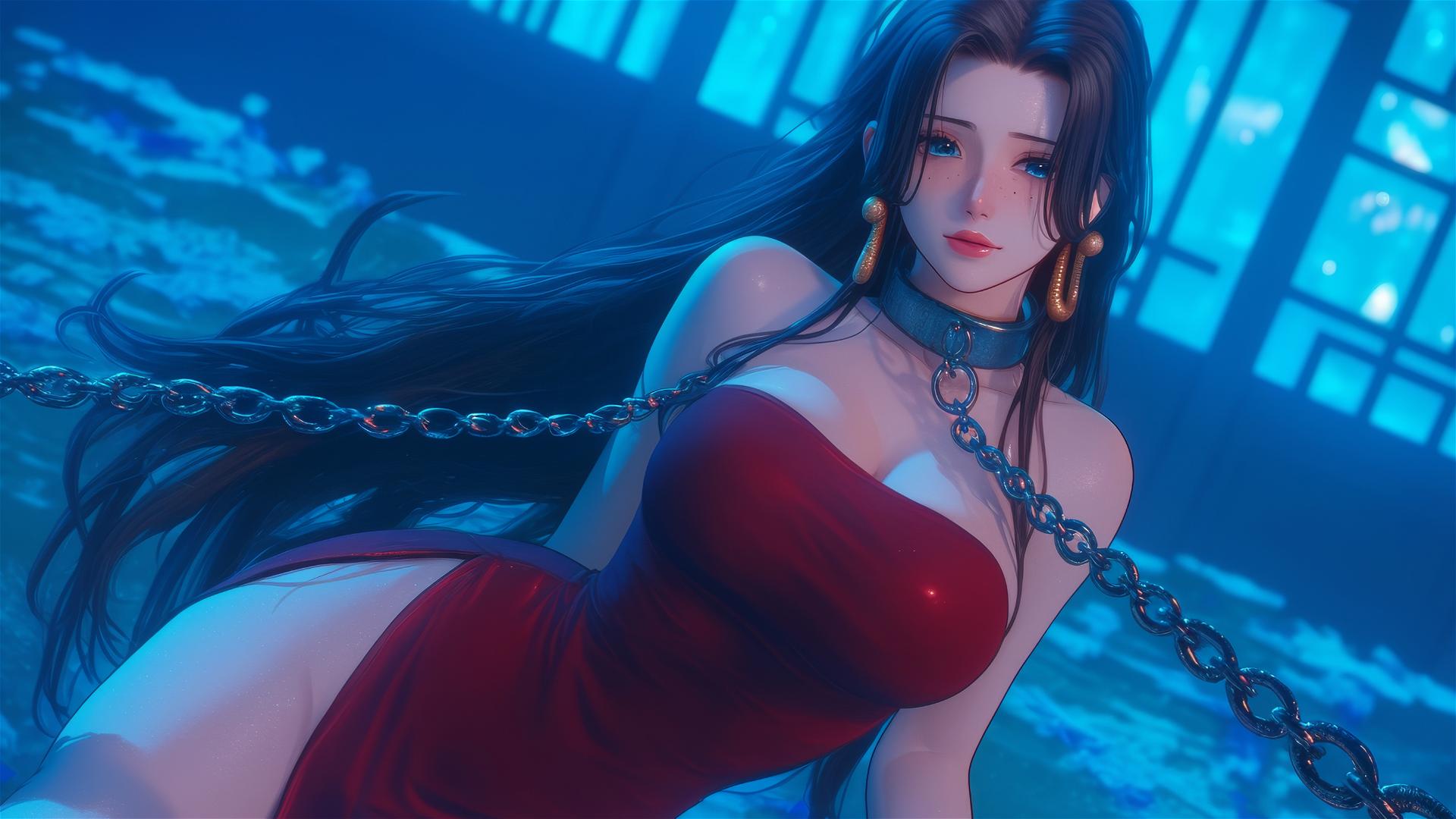 Boa Hancock in Christmas costume chained in neon-lit hotel room