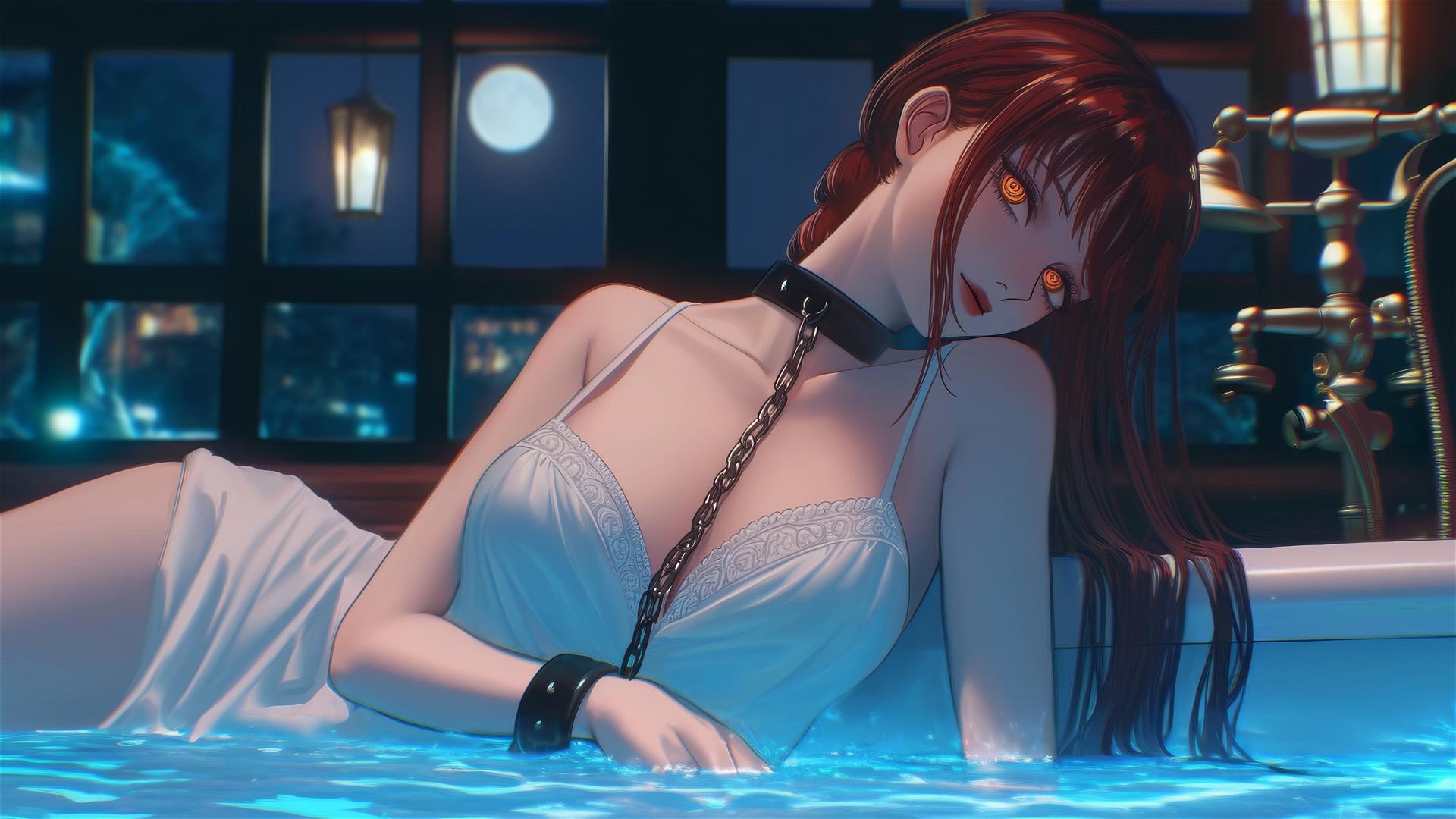 Makima from Chainsaw Man resting in a tub, chained, illuminated by moonlight