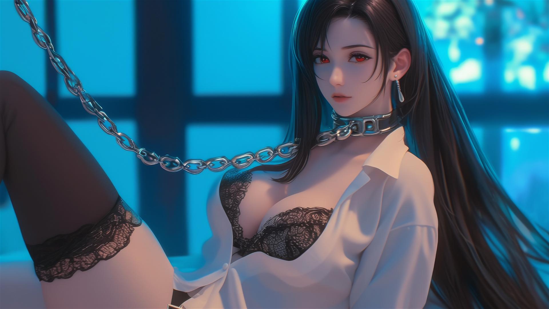 Tifa Lockhart in a white office shirt, chained, in a neon-lit modern hotel room.